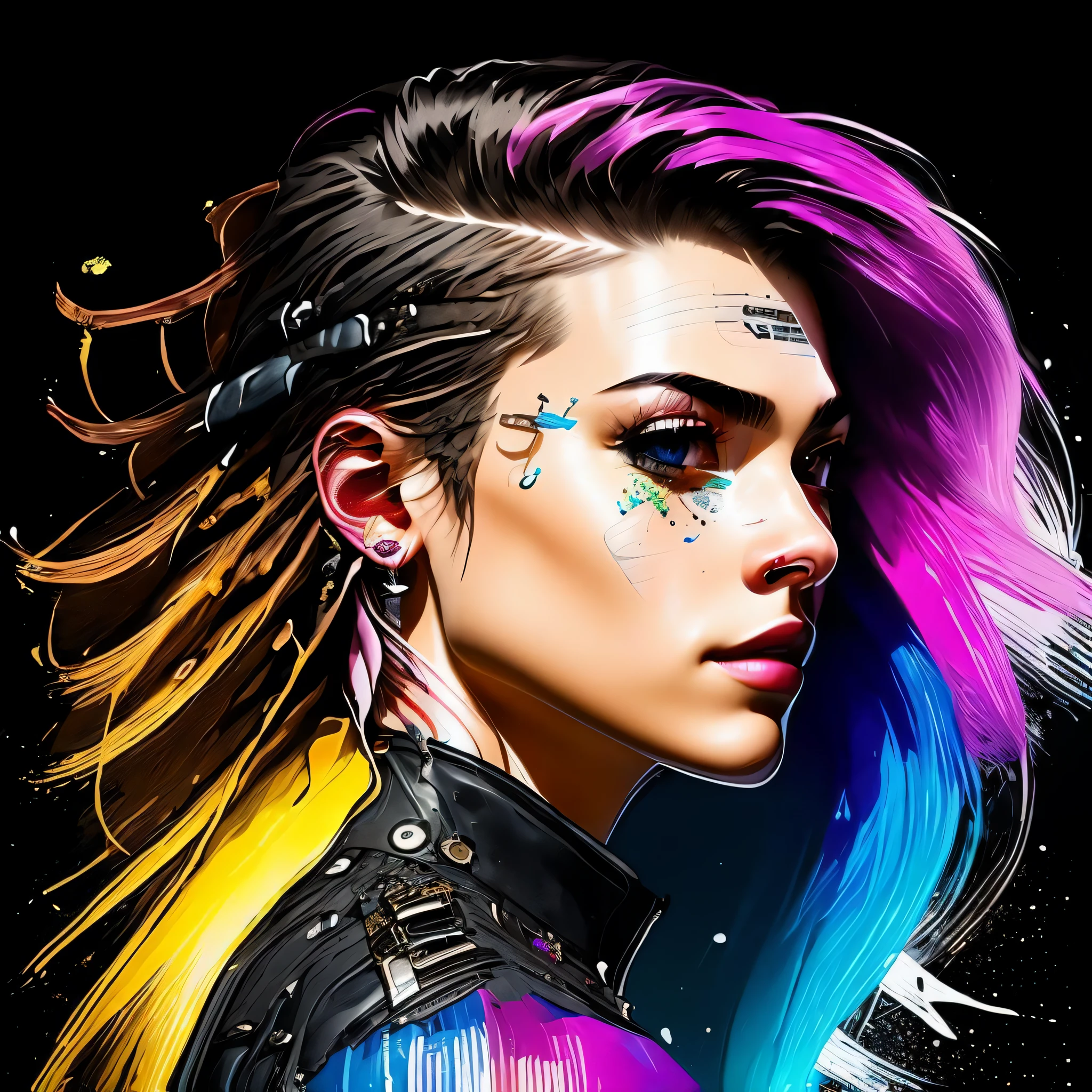 ((Best quality)), ((masterpiece)), (highly detailed:1.3), 3D, beautiful punk woman with thick voluminous hair,pw,swpunk,synthwave,paint splatters,HDR (High Dynamic Range),Ray Tracing,NVIDIA RTX,Super-Resolution,Unreal 5,Subsurface scattering,PBR Texturing,Post-processing,Anisotropic Filtering,Depth-of-field,Maximum clarity and sharpness,Multi-layered textures,Albedo and Specular maps,Surface shading,Accurate simulation of light-material interaction,Perfect proportions,Octane Render,Two-tone lighting,Low ISO,White balance,Rule of thirds,Wide aperature,8K RAW,Efficient Sub-Pixel,sub-pixel convolution,luminescent particles,