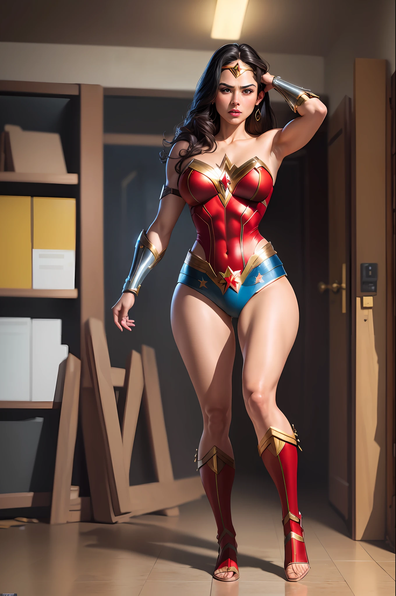 ((best quality)), ((masterpiece)), (detailed), background of destruction, (high resolution:1.2) a sensual Latina woman like wonder woman, angry, very detailed, high tech, she is beautiful girl, short clothes, 25 years, full head, full body, whole legs, whole arms (extremely detailed CG united, 8k wallpaper), open plan, high detailed, photorealistic, sharp focus, cinematic.