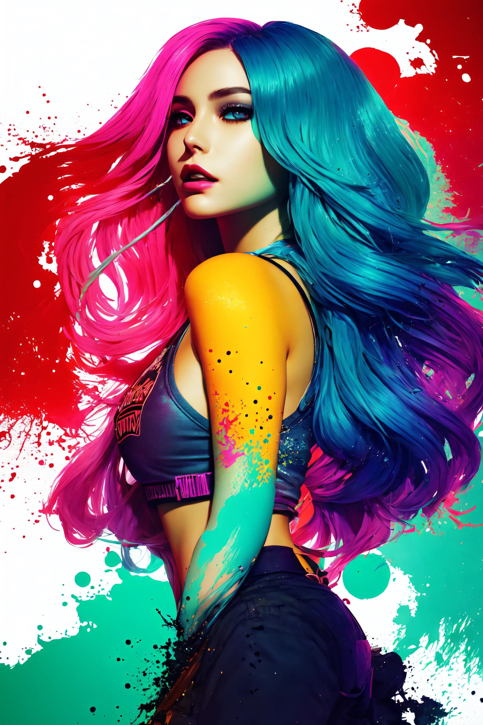 swpunk, (masterpiece, best illustration, extreme light and shadow), swpunk, synthwave, 1girl, wild hair colors, award winning half body portrait of a femboy in a long tshirt with ombre navy blue teal hairstyle with head in motion and hair flying, paint splashes, splatter, outrun, vaporware, shaded flat illustration, digital art, trending on artstation, highly detailed, fine detail, wvert1, (dynamic angle), depth of field, tattoos, (sidelighting), vapodusk1, (volumetric lighting),paint splatters