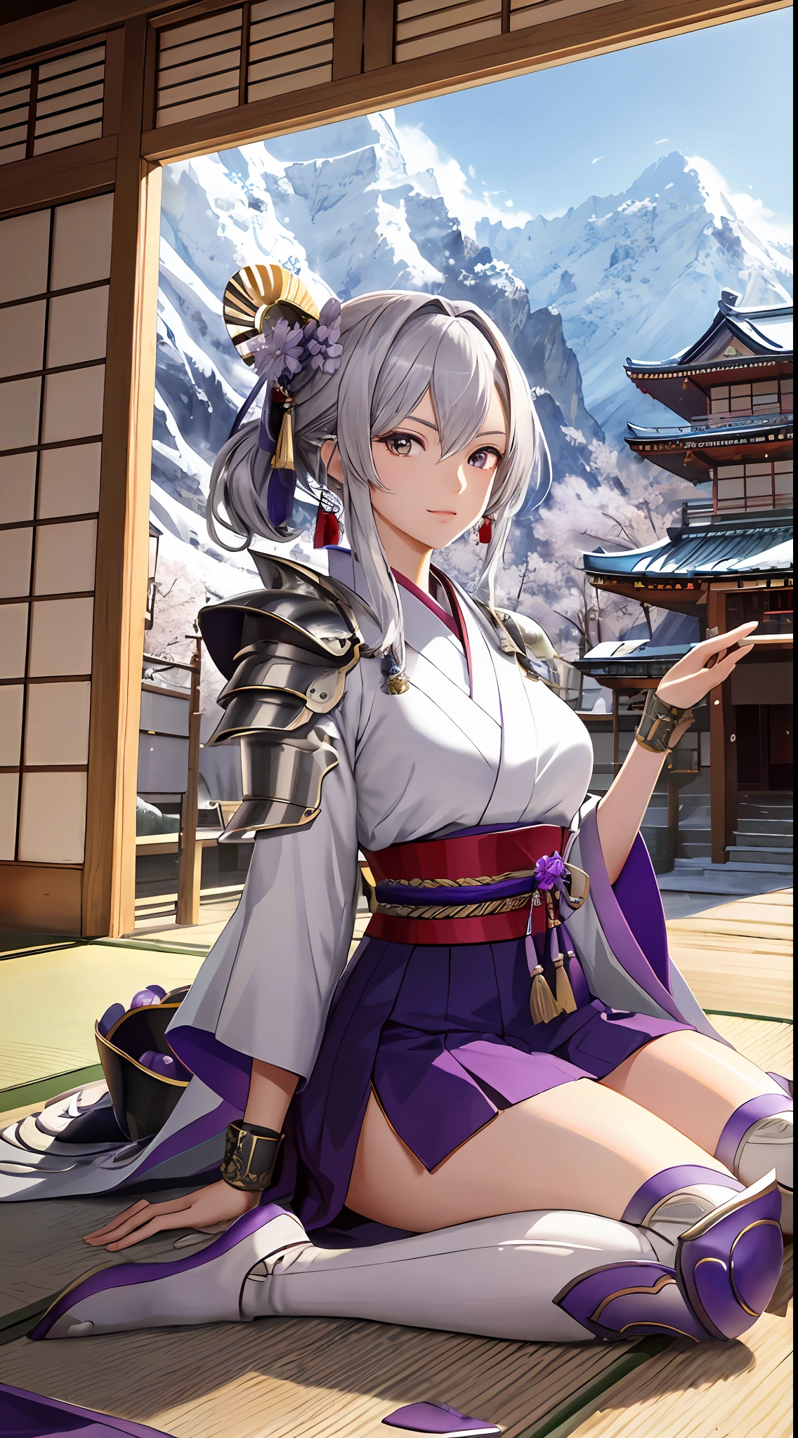 Masterpiece, top quality, high resolution, solo, mahokenshi inspired, a woman, safirai house samurai armor, defense masters, hyper detailed, sexy Japanese armor, silver and purple details, ice spike armor, perfect hands, beautiful artwork, master quality, best shadows, lighting highlighting the character, in a Japanese sapphire house village in the mountains