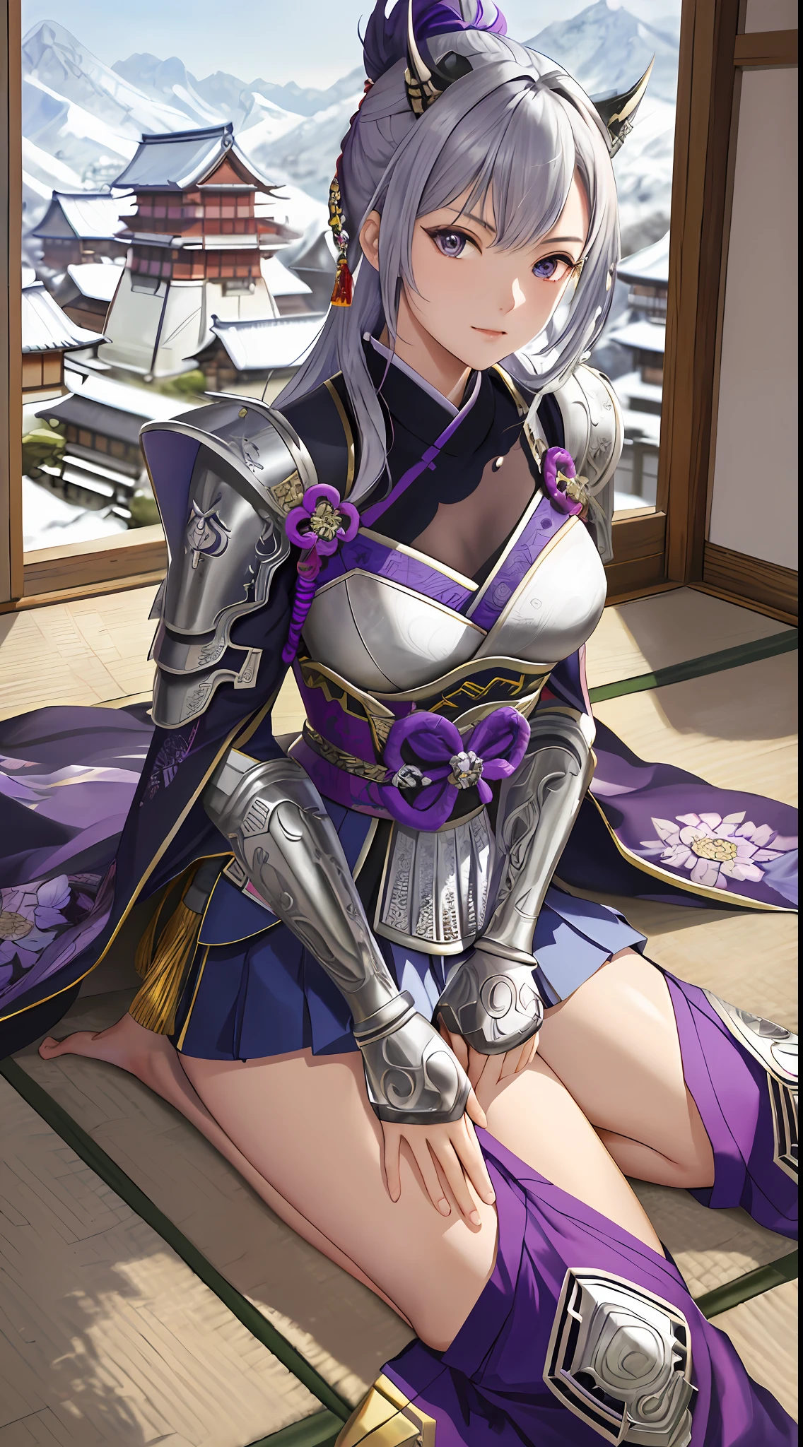 Masterpiece, top quality, high resolution, solo, mahokenshi inspired, a woman, safirai house samurai armor, defense masters, hyper detailed, sexy Japanese armor, silver and purple details, ice spike armor, perfect hands, beautiful artwork, master quality, best shadows, lighting highlighting the character, in a Japanese sapphire house village in the mountains
