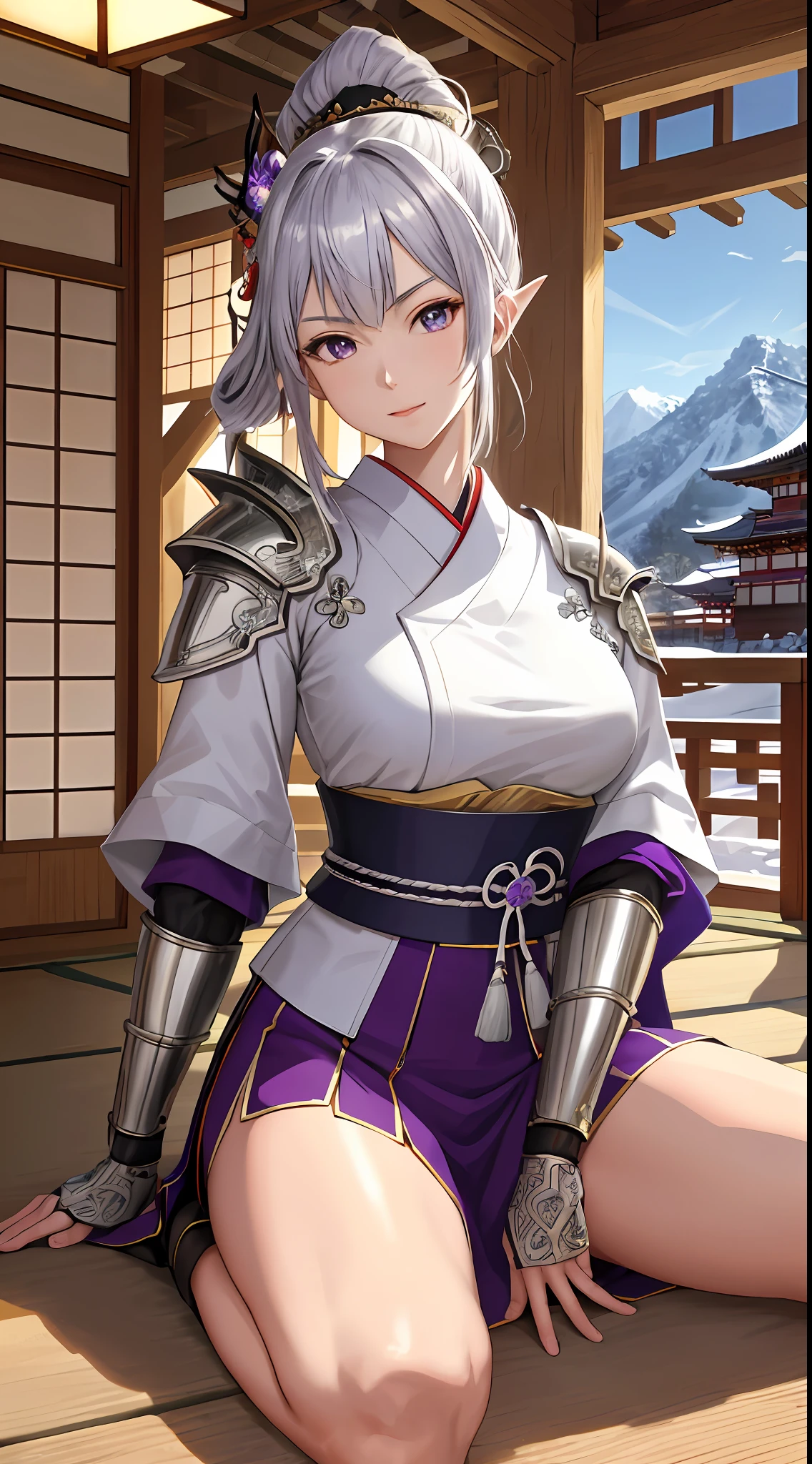 Masterpiece, top quality, high resolution, solo, mahokenshi inspired, a woman, safirai house samurai armor, defense masters, hyper detailed, sexy Japanese armor, silver and purple details, ice spike armor, perfect hands, beautiful artwork, master quality, best shadows, lighting highlighting the character, in a Japanese sapphire house village in the mountains