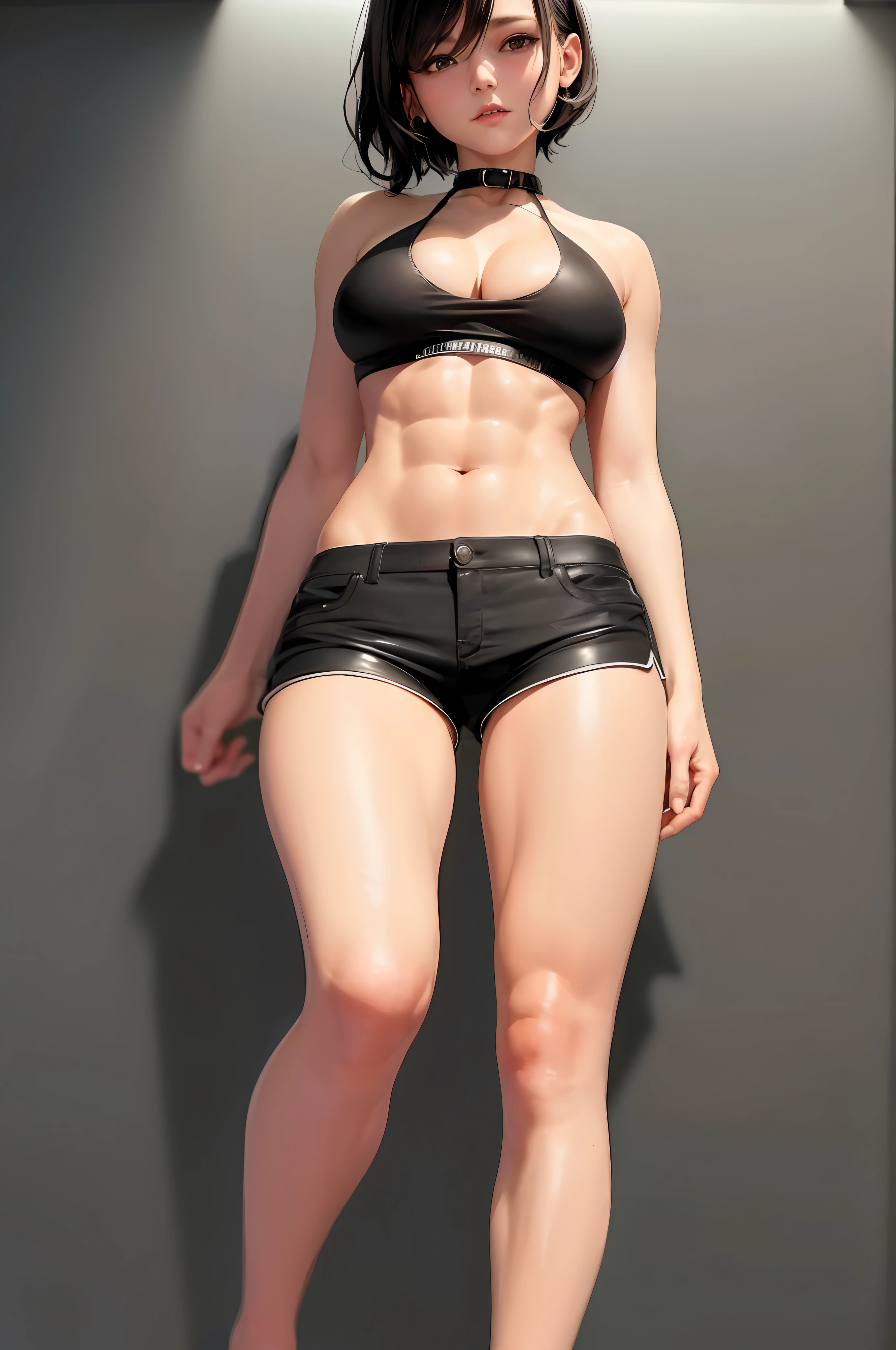 ((big breasts, tomboy, small head)), cyberpunk, (abs cut: 1.1), (perfect body: 1.1), (short wavy hair: 1.2), black, collar, chain, full body, workout, sweat, femboy, futa ((shorts)), (extremely detailed CG 8k wallpaper), (extremely delicate and beautiful), (masterpiece), (best quality: 1.0), (ultra high resolution: 1.0), beautiful lighting, perfect lighting, realistic shadows, [high resolution] detailed skin, super detailed (((color)))