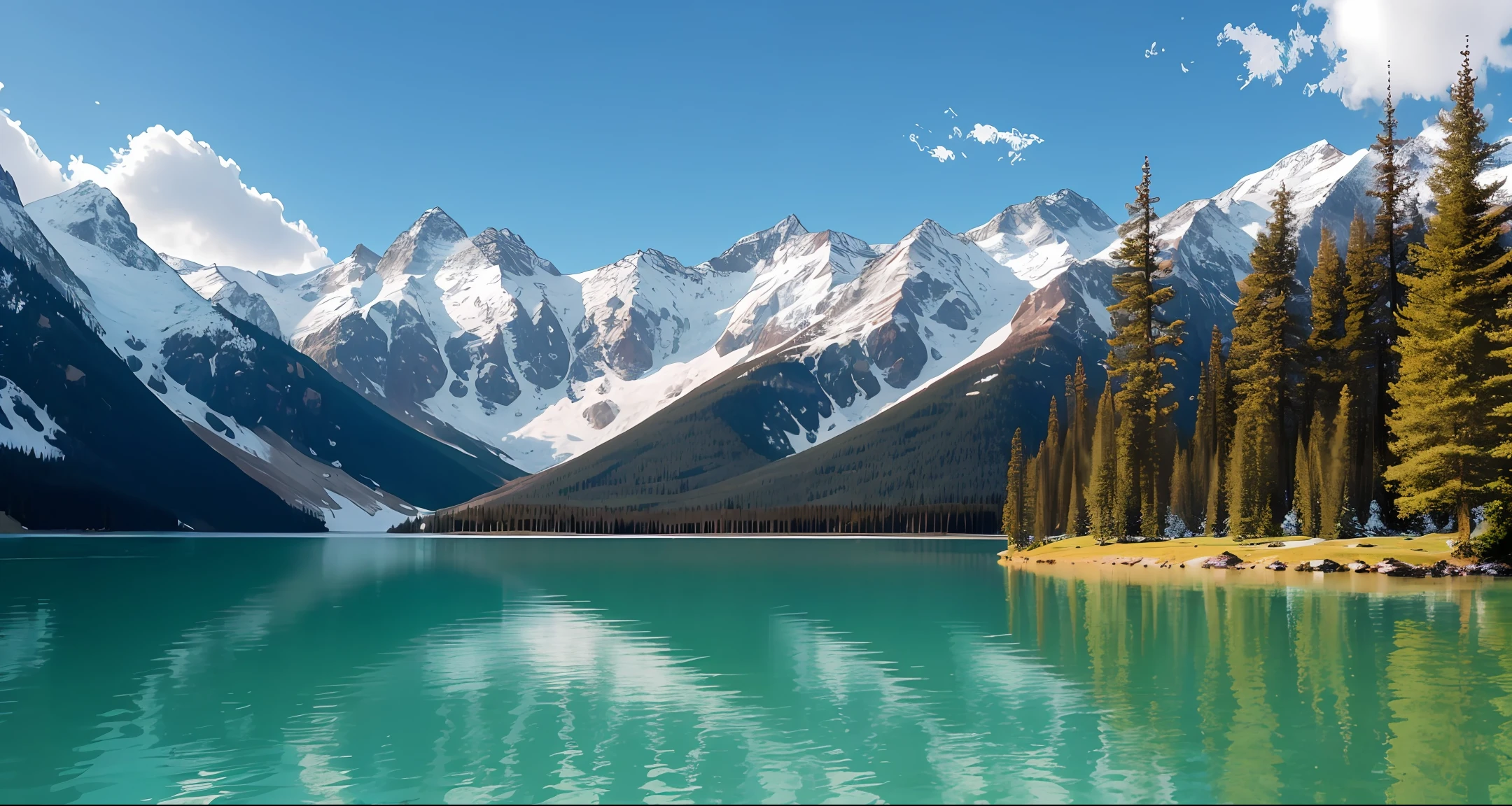 A large lake surrounded by tall trees and snow-capped mountains --auto --s2
