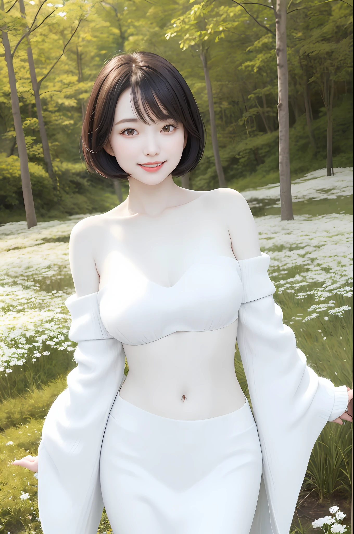 A japanese woman stands in a park where white clover blooms all around, a forest can be seen in the background, exquisite and beautiful face, charming A japanese woman stands in a park where white clover blooms all around, a forest can be seen in the background, exquisite and beautiful face, exquisite collarbone, seductive and delicate collarbone, charming fragrant shoulders, shoulders slightly exposed, open-shoulder long sweater,sky blue sweater, pretty face, peach Red lips, tender and smooth skin,(white skin:1.6),black hair,(bob hair:1.2), short hair,(smile:1.2),smile with teeth, white teeth,very realistic details, ultra-high resolution,bokeh,outstanding details, 8K, pigeon chest, full body