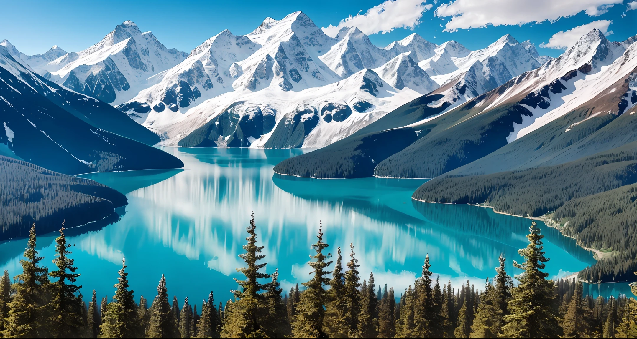 A large lake surrounded by tall trees and snow-capped mountains --auto --s2