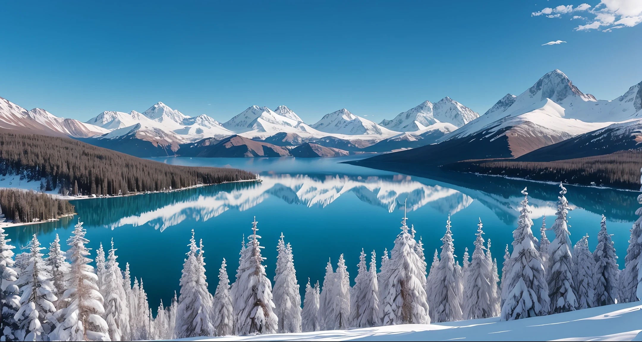 A large lake surrounded by tall trees and snow-capped mountains --auto --s2