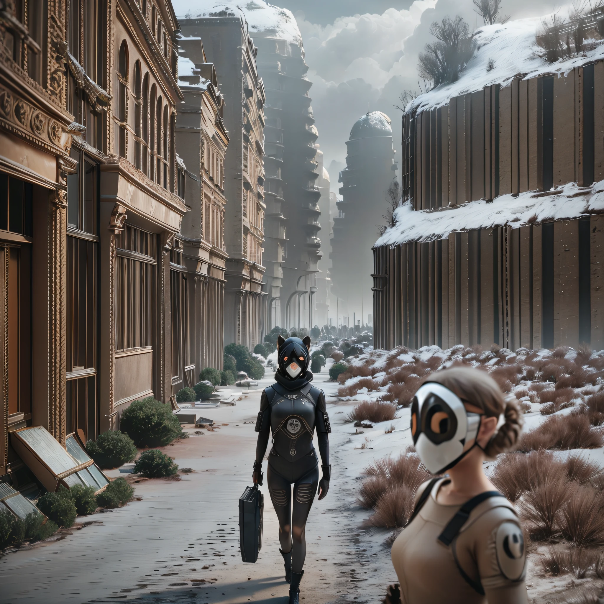 "Ultra-realistic landscape, 8k resolution, desolate and gloomy, with many anonymous masks floating in the air, with no sign of humans. There are several masks of the anonymous, flying around the center of the landscape. Ultra-realistic and impactful details, total immersion."