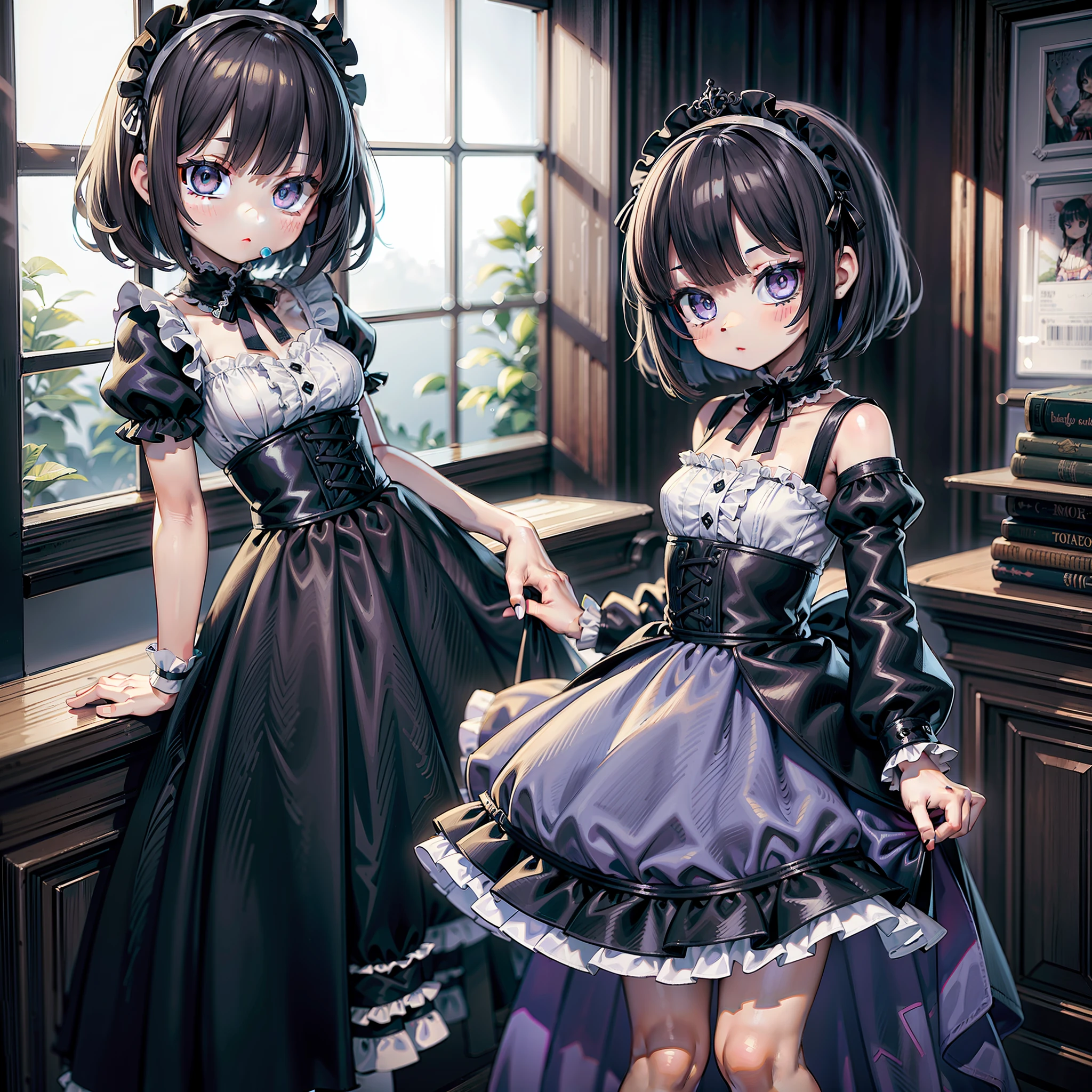 Young girl, 16 years old, small and beautiful breasts, short black hair, braid on the right side of the head, big and striking eyes, sky blue eyes, Gothic style dress up to the knees, Gothic dress up to the knees with lilac sash at the waist, Gothic Lolita, Gothic Lolita dress, Vetido with lilac sash at the waist, girl inside the book store,  Young girl with small and beautiful breasts, retro 80's anime, 80's anime, classic anime, vibrant colors and solid shadows