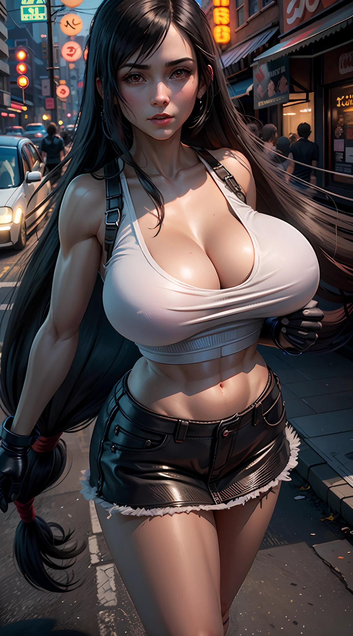 Tifa lockhart, tifa_lockhart, ff7, sultry face, (white tank top:1.2), black miniskirt, (black long hair), hair bangs (red eyes:1.3) long eyelashes, beautiful red eyes with brightness, surrealism, shadow, stereogram, (photorealistic, realistic: 1.2), POV, atmospheric perspective, cinematic lighting, ray tracing, 8k, super detail, best quality, masterpiece, well detailed, (Canan EOS R6, 135mm, 1/1250s, f/2.8, ISO 400:0.9), cyberpunk, neon, neon signs, ramen shops, (huge breasts:1.5) red gloves