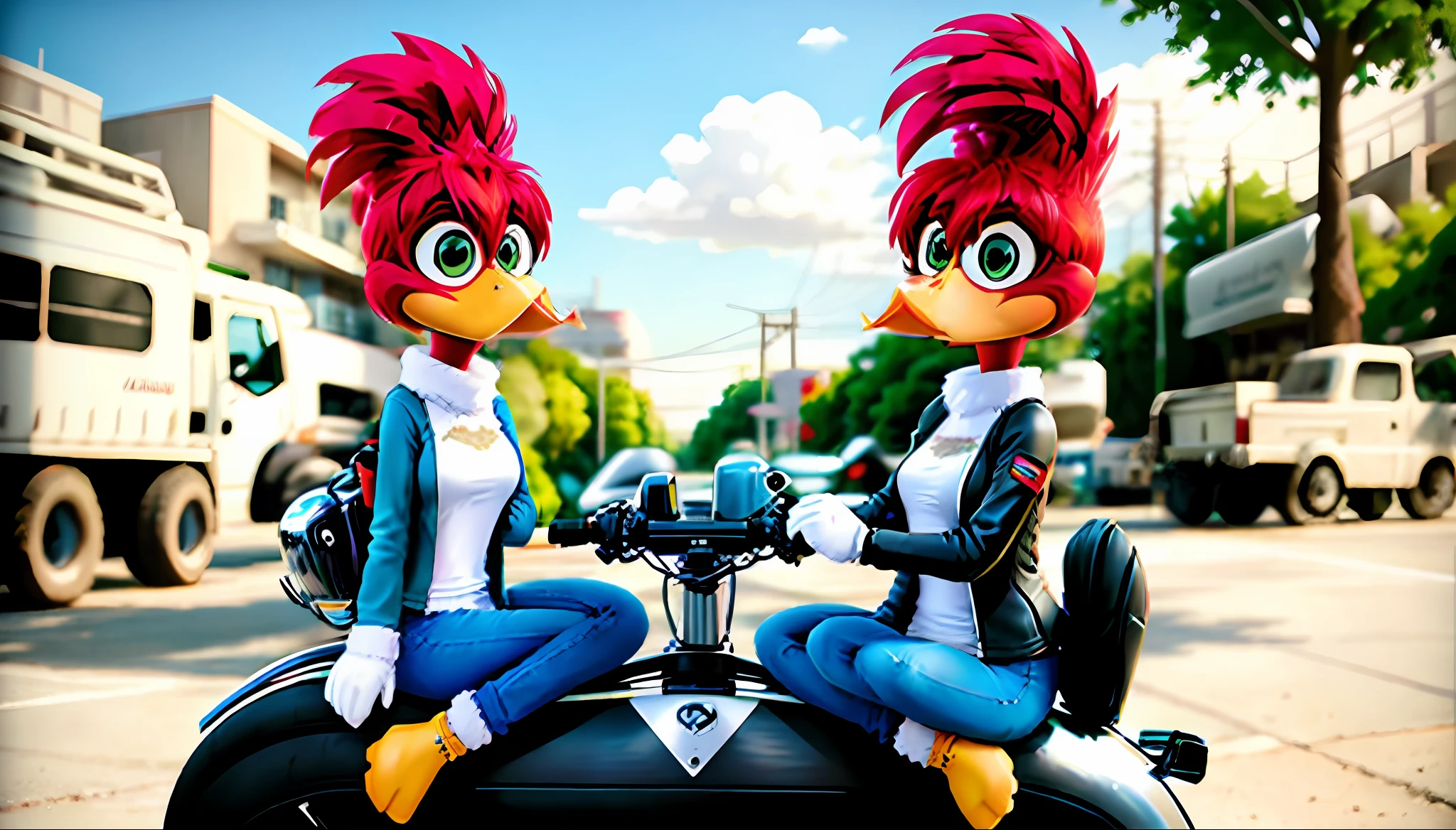 Cartoon drawing of sitting on a motorcycle with a girlfriend, sturdy clothes, cartoon, 3d, beak, daytime