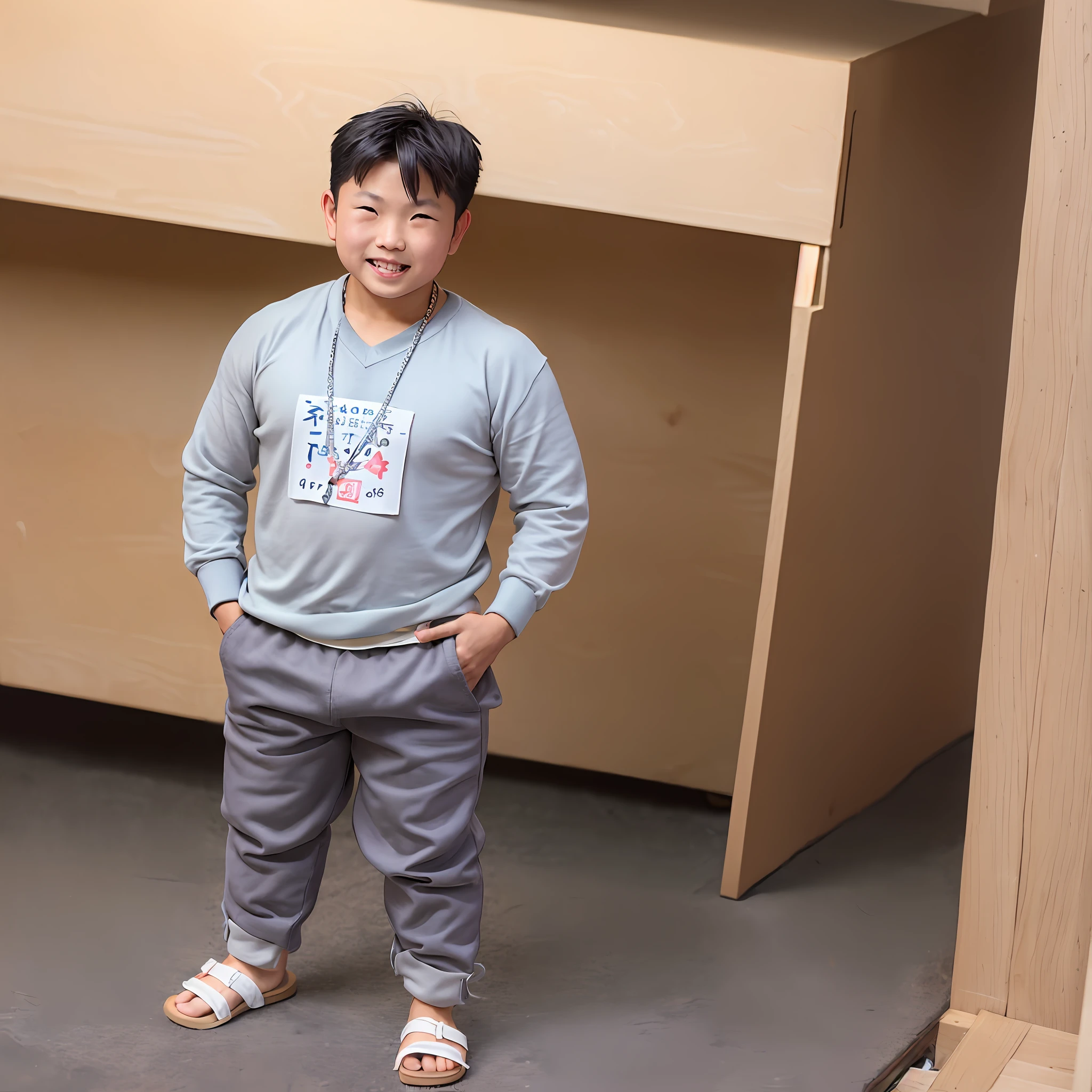 Set in a dojo, Asian boy, (boy 12 years 0.5), (shy smile 0.5), (large volume in thong), handsome boy,