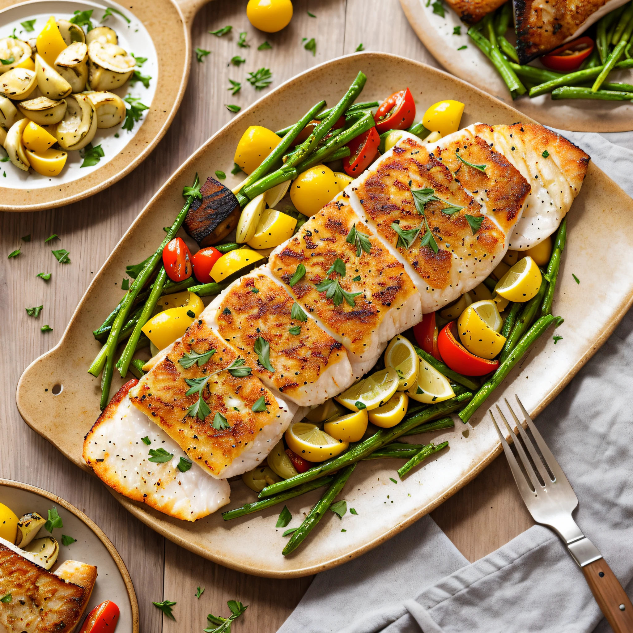 Create an appetizing image of a roasted fish fillet with a golden, crispy herb crust. The fish is perfectly cooked, juicy and full of flavor. Accompany the dish with a portion of grilled vegetables on the side --auto --s2