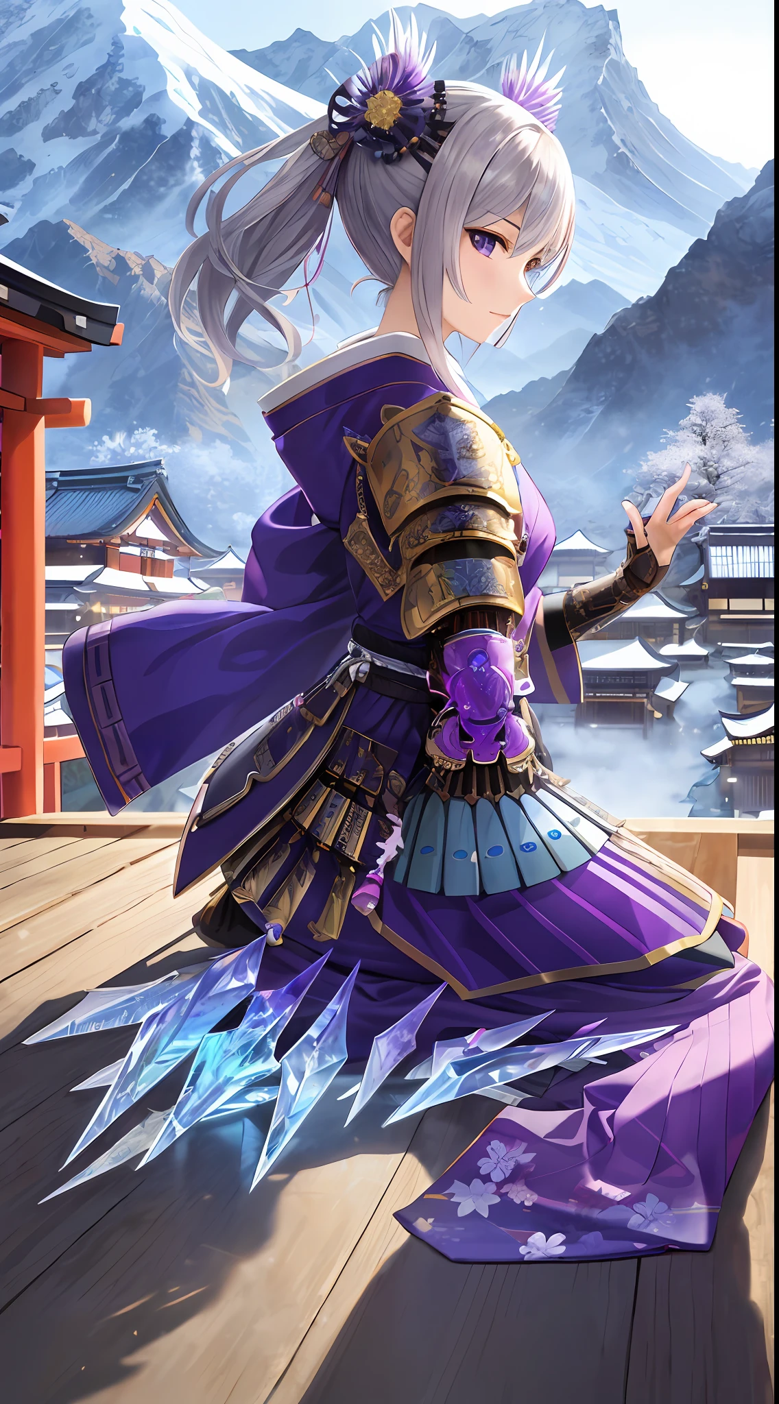 Masterpiece, top quality, high resolution, solo, mahokenshi inspired, a woman, safirai house samurai armor, defense masters, hyper detailed, sexy Japanese armor, silver and purple details, ice spike armor, perfect hands, beautiful artwork, master quality, best shadows, lighting highlighting the character, in a Japanese sapphire house village in the mountains