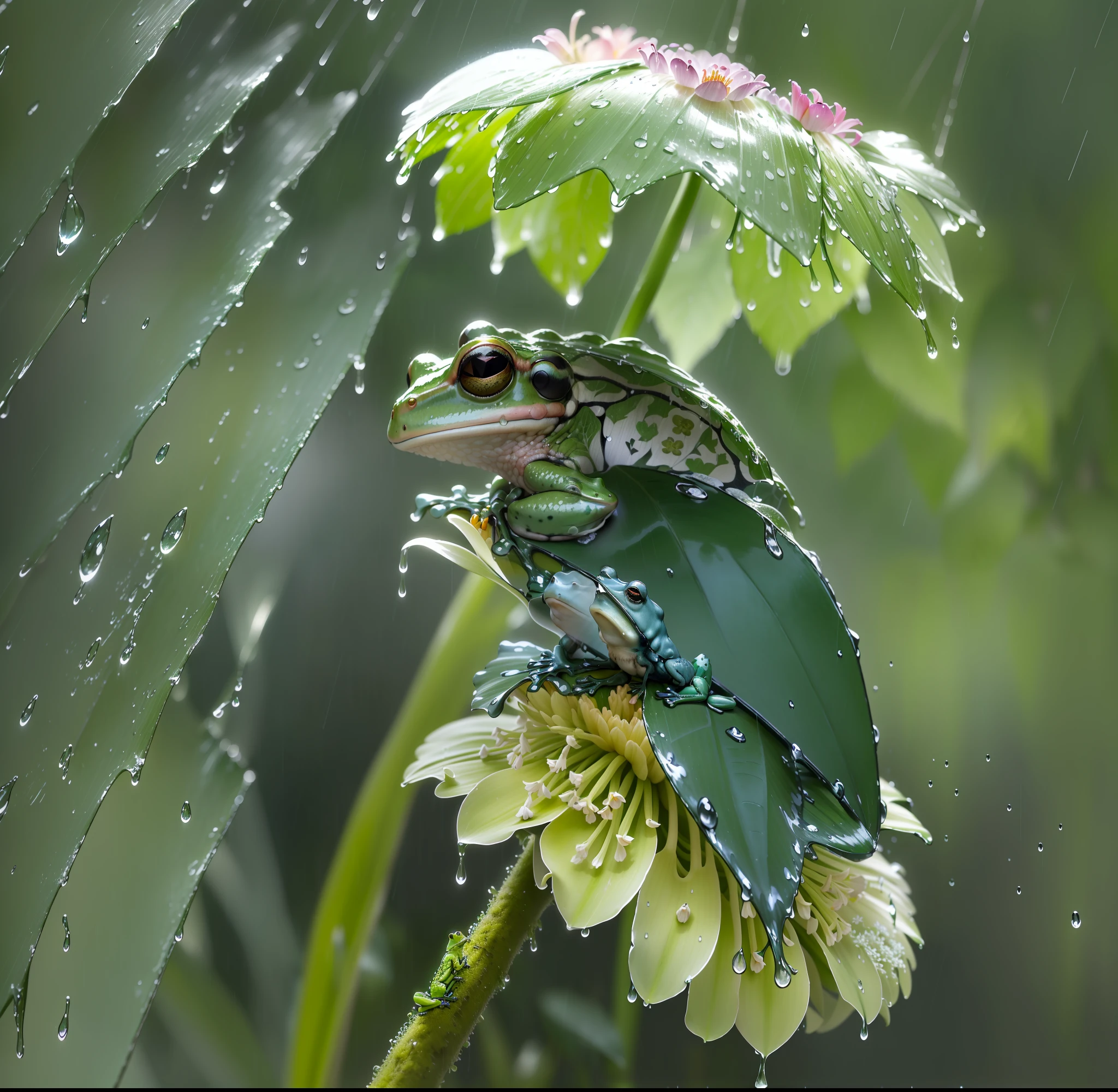 there is a frog sitting on a flower in the rain, flowers rain everywhere, under rain, raining award winning photo, in the rain, in a rainy environment, on a rainy day, raining!, wet from rain, national geographic photo”, just after rain, iralki nadar, rain!!!!, still from a nature documentary, by Yasushi Sugiyama