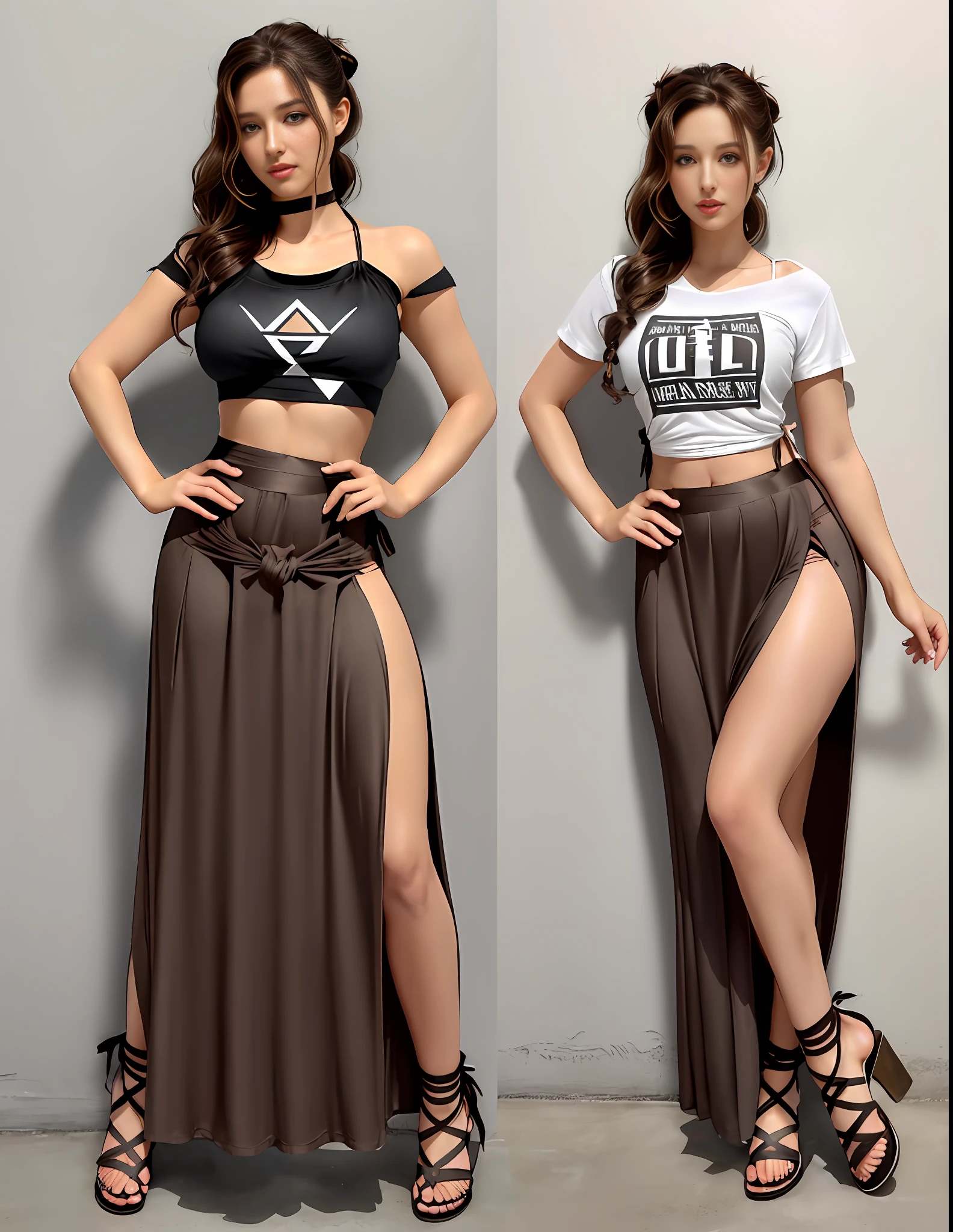 Erotic pose, a woman named meg has sharp angular cheekbones, full lips, and a slightly upturned nose. Her meyes are brown large and almond-shaped with a prominent crease, perfect and detailed, she has dark brown hair styled in loose waves, ( Flowy maxi skirt with a tied-up graphic tee and strappy sandals:1.2), curvy, bedroom, nsfw