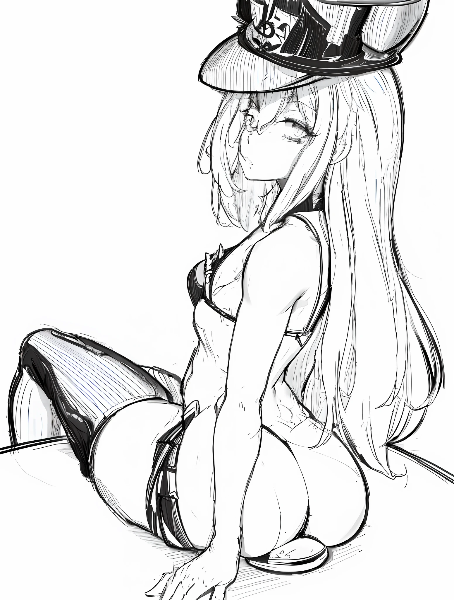 a drawing of a woman in a hat sitting on the ground, thick black lineart, seductive anime girl, thick lineart, ???? pudica pose gesture, thick line art, line sketch!!, black on white line art, thick outline, small curvy loli, black and white line art, thick outlines, anime sketch, perfect lineart, black and white sketch