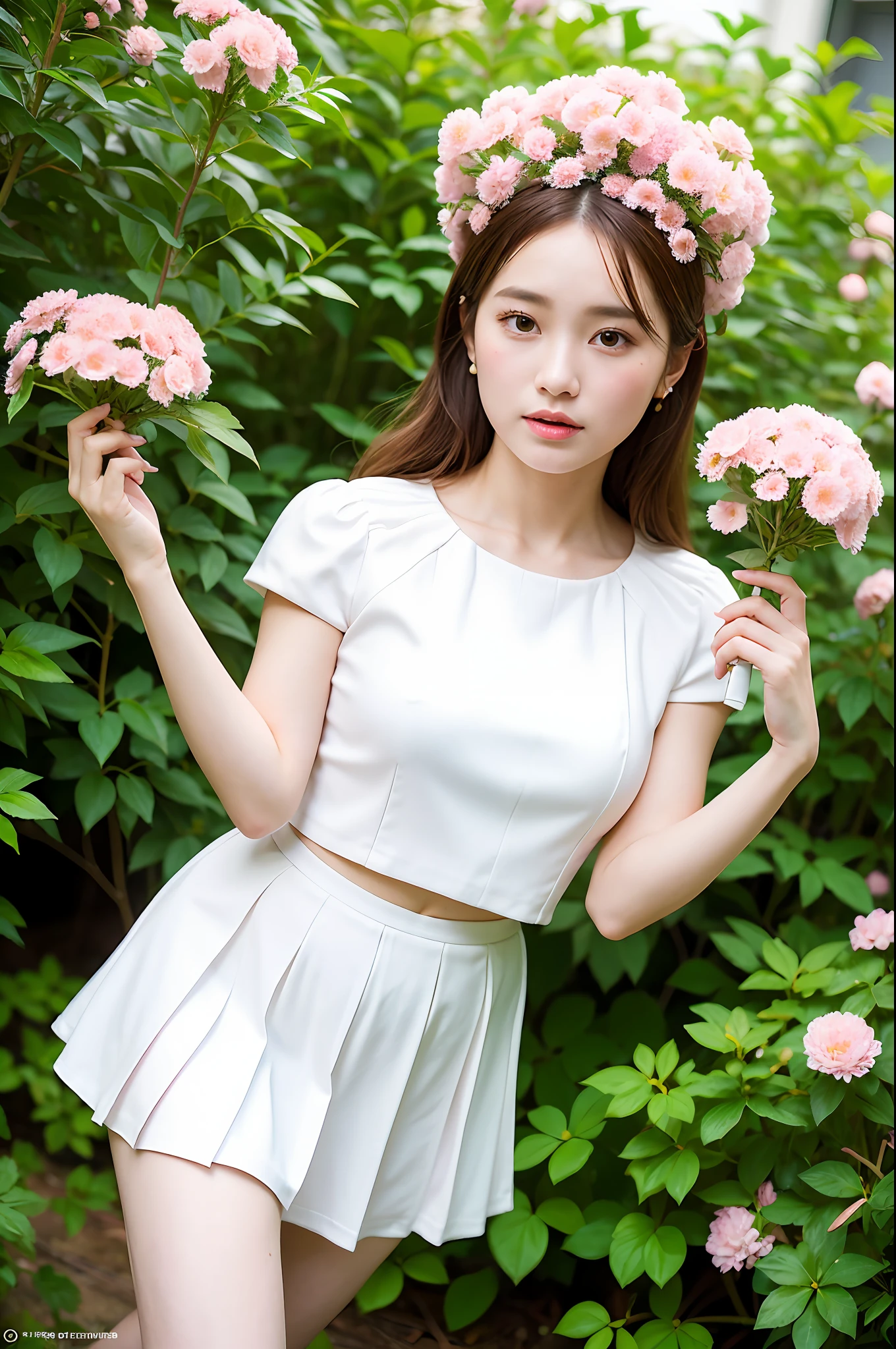 (Best Quality, Masterpiece: 1.2), Portrait, Big Tits, Outdoor, 25-Year-Old Woman in the Garden: 2, White Miniskirt, (Pale Pink Flower Chaos in the Background: 1.3) Same characters, different costumes, different angles, backlight: 1.5, rich skin details: 1.5,