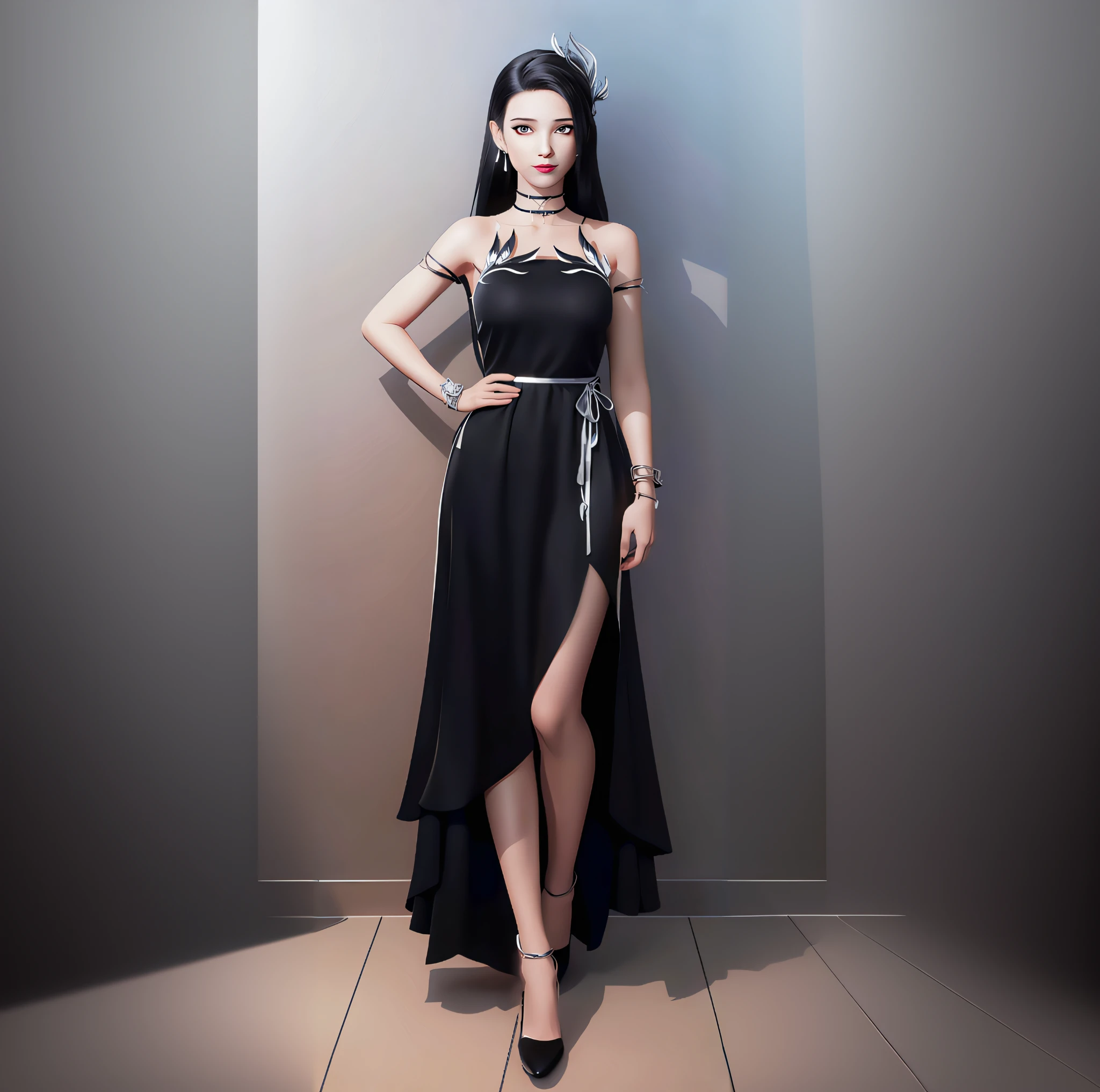 arafed woman in a black dress posing for a picture, stylish dark dress, anime girl wearing a black dress, elegant dress, sophisticated dress, digital art of an elegant, dark dress, black gown, elegant smiling pose, black dress, dark black long dress, flowing black gown, wearing an elegant dress, full body xianxia, black dress with belt