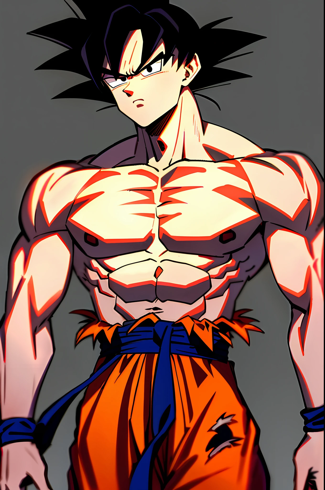 son goku, 1boy, closed mouth, male focus, muscular, muscular male, rock, sash, serious, solo, spiked hair, topless male, torn clothes, ultra instinct, black eyes, black hair, ((masterpiece))