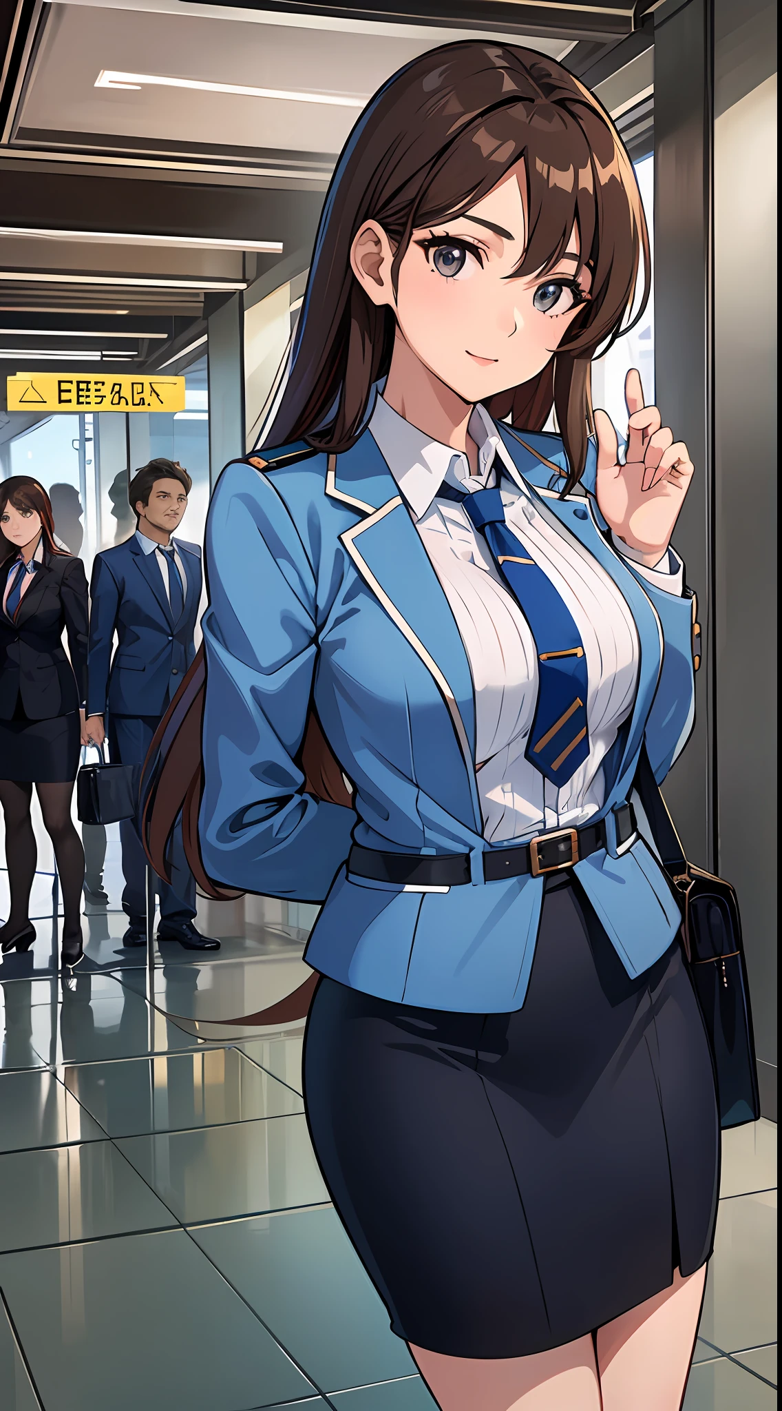 {{Mature female, caucasian}}, looking at viewer, hazel eyes, extremely detailed, medium breasts, brown hair, airport, flight attendant, uniform, blue blazer, necktie, blue skirt, medium skirt, pencil skirt, blue high heels, happy, best quality, high quality, extremely detailed anime screencap, full body, portrait