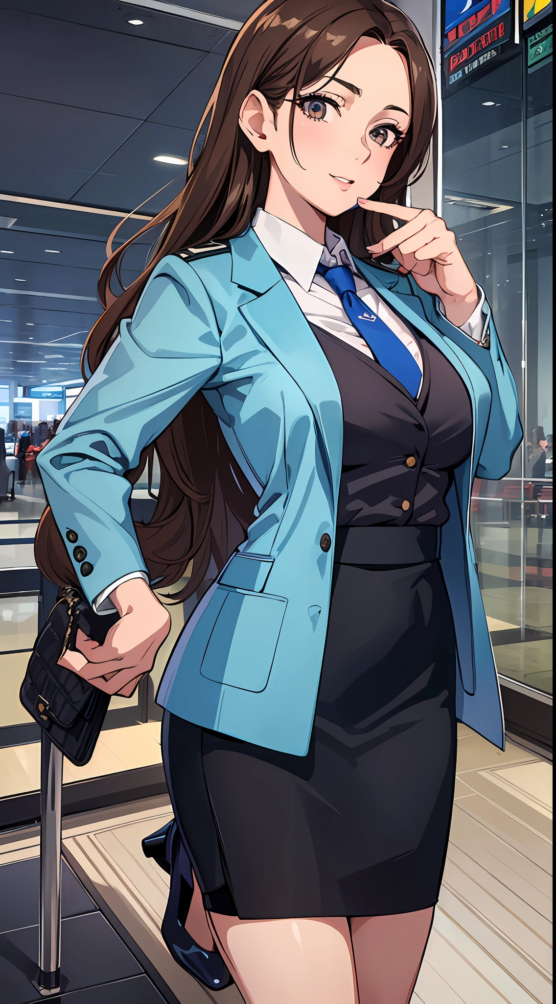 {{Mature female, caucasian}}, looking at viewer, hazel eyes, extremely detailed, medium breasts, brown hair, airport, flight attendant, uniform, blue blazer, necktie, blue skirt, medium skirt, pencil skirt, blue high heels, happy, best quality, high quality, extremely detailed anime screencap, full body, portrait
