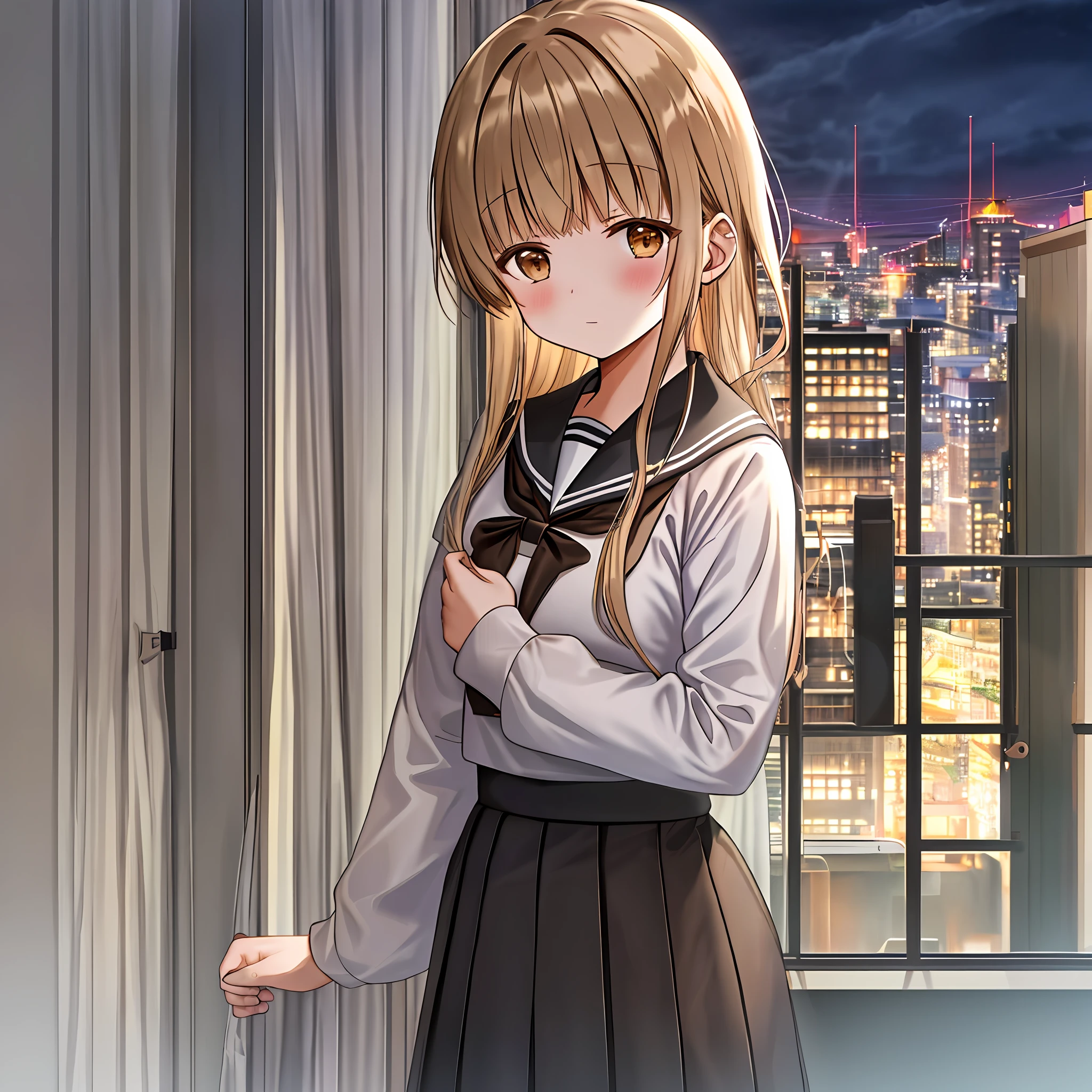 ((masterpiece,best quality)),1girl, Mahiru Shiina, from below, sailor collar, looking at viewer, building, bangs, neckerchief, long sleeves, cloudy sky, power lines, shirt, cityscape, pleated skirt, scenery, blunt bangs, city, night, black sailor collar, closed mouth, black skirt, medium hair, school bag