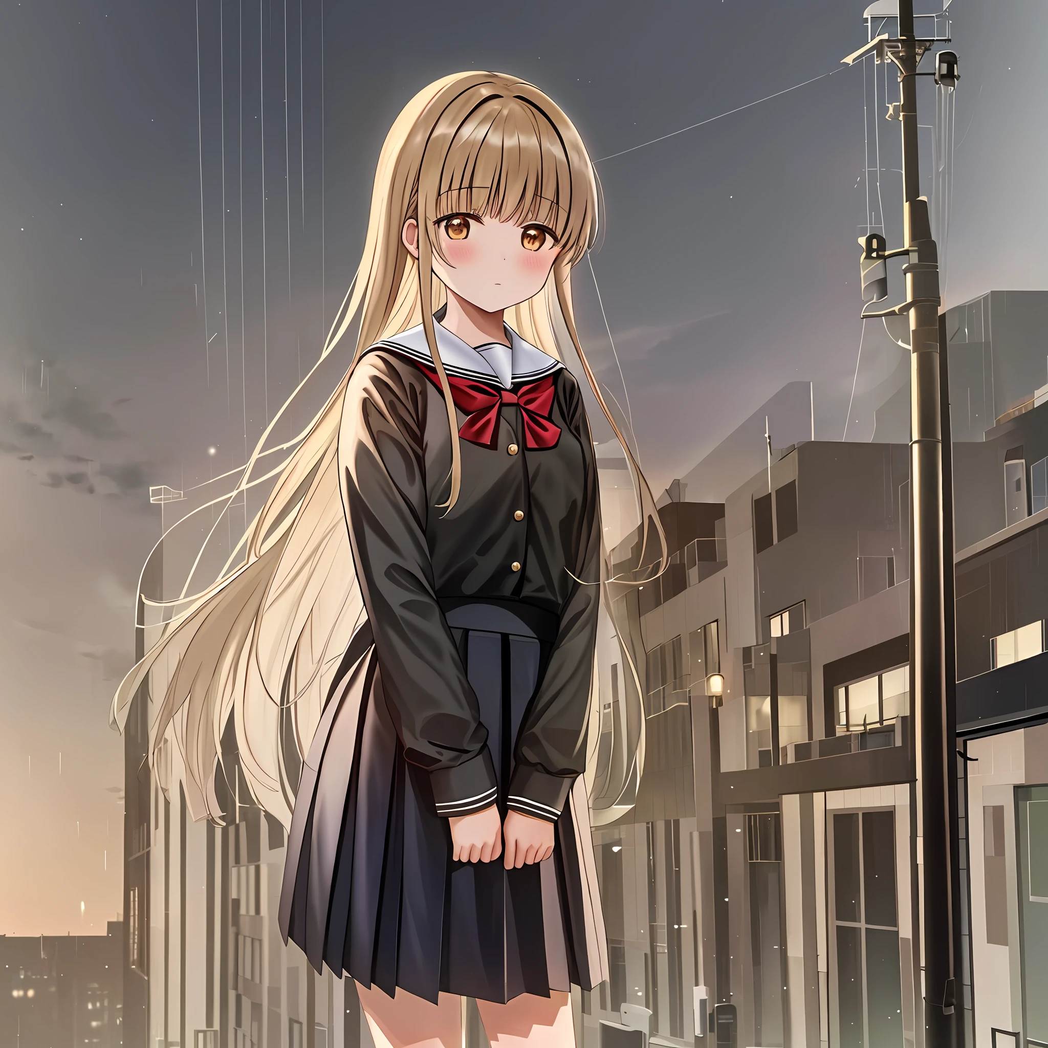 ((masterpiece,best quality)),1girl, Mahiru Shiina, from below, sailor collar, looking at viewer, building, bangs, neckerchief, long sleeves, cloudy sky, power lines, shirt, cityscape, pleated skirt, scenery, blunt bangs, city, night, black sailor collar, closed mouth, black skirt, medium hair, school bag