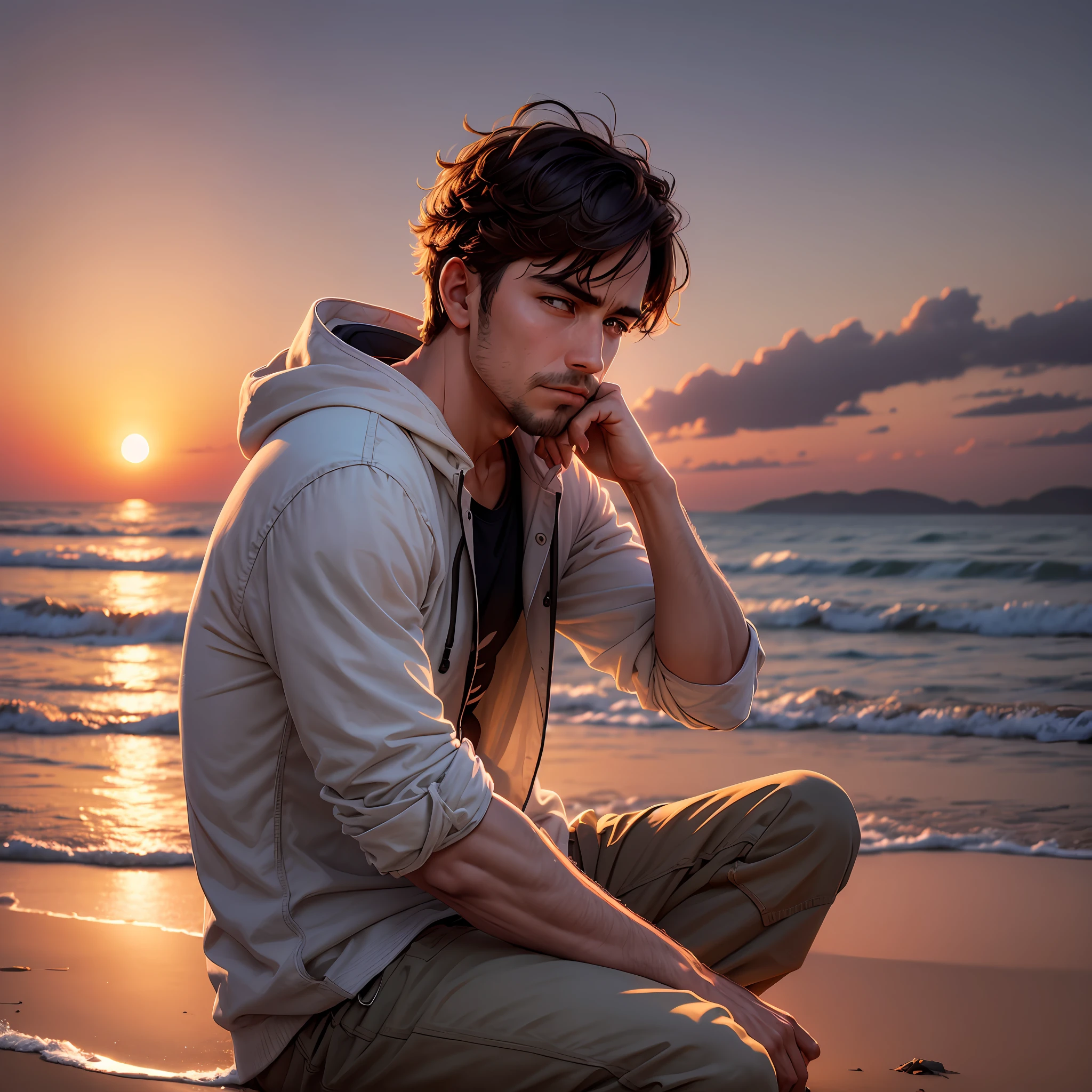A man sitting on the beach, his face filled with sadness, gazing at the sunset --auto --s2