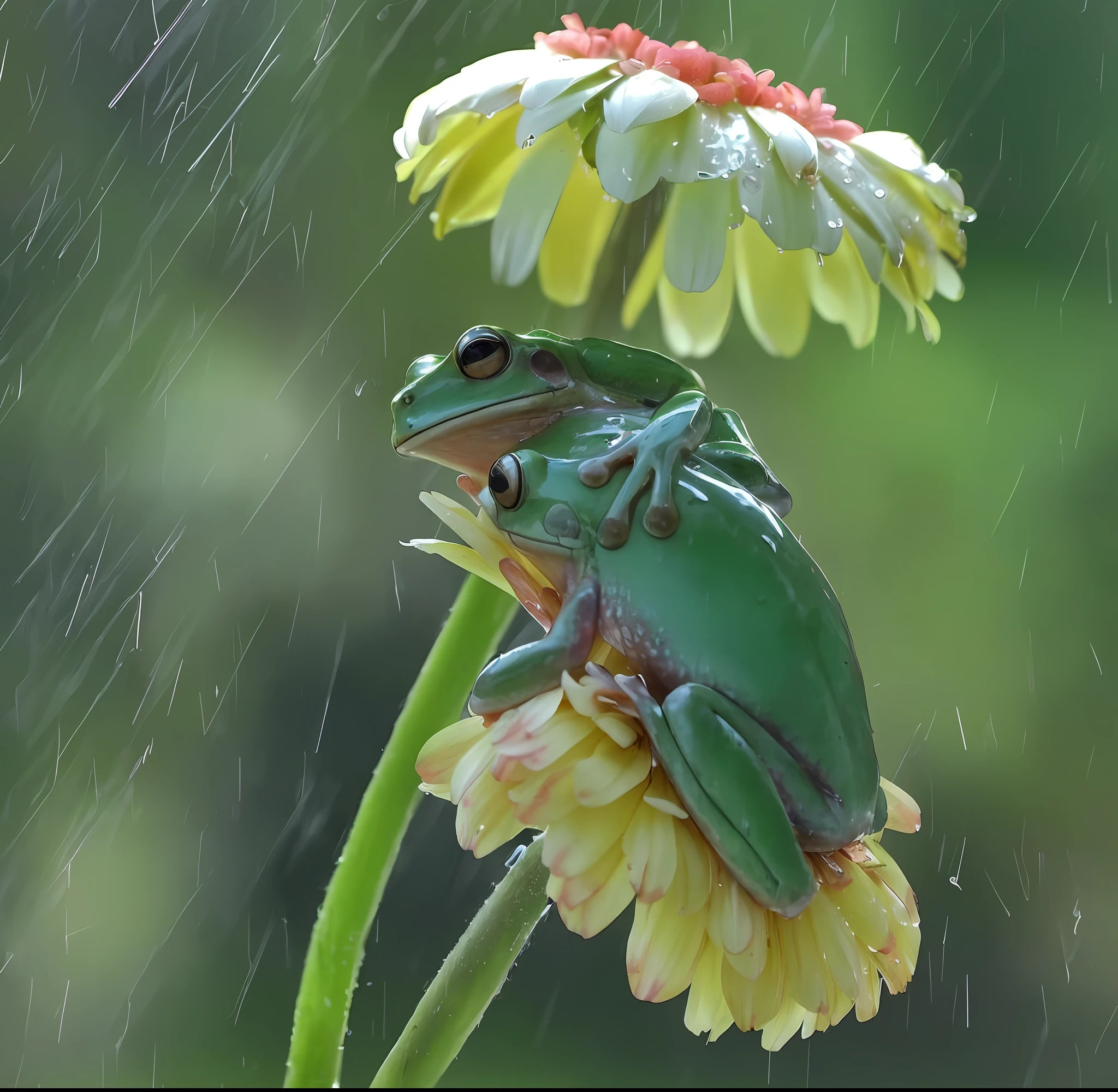 there is a frog sitting on a flower in the rain, flowers rain everywhere, under rain, raining award winning photo, in the rain, in a rainy environment, on a rainy day, raining!, wet from rain, national geographic photo”, just after rain, iralki nadar, rain!!!!, still from a nature documentary, by Yasushi Sugiyama