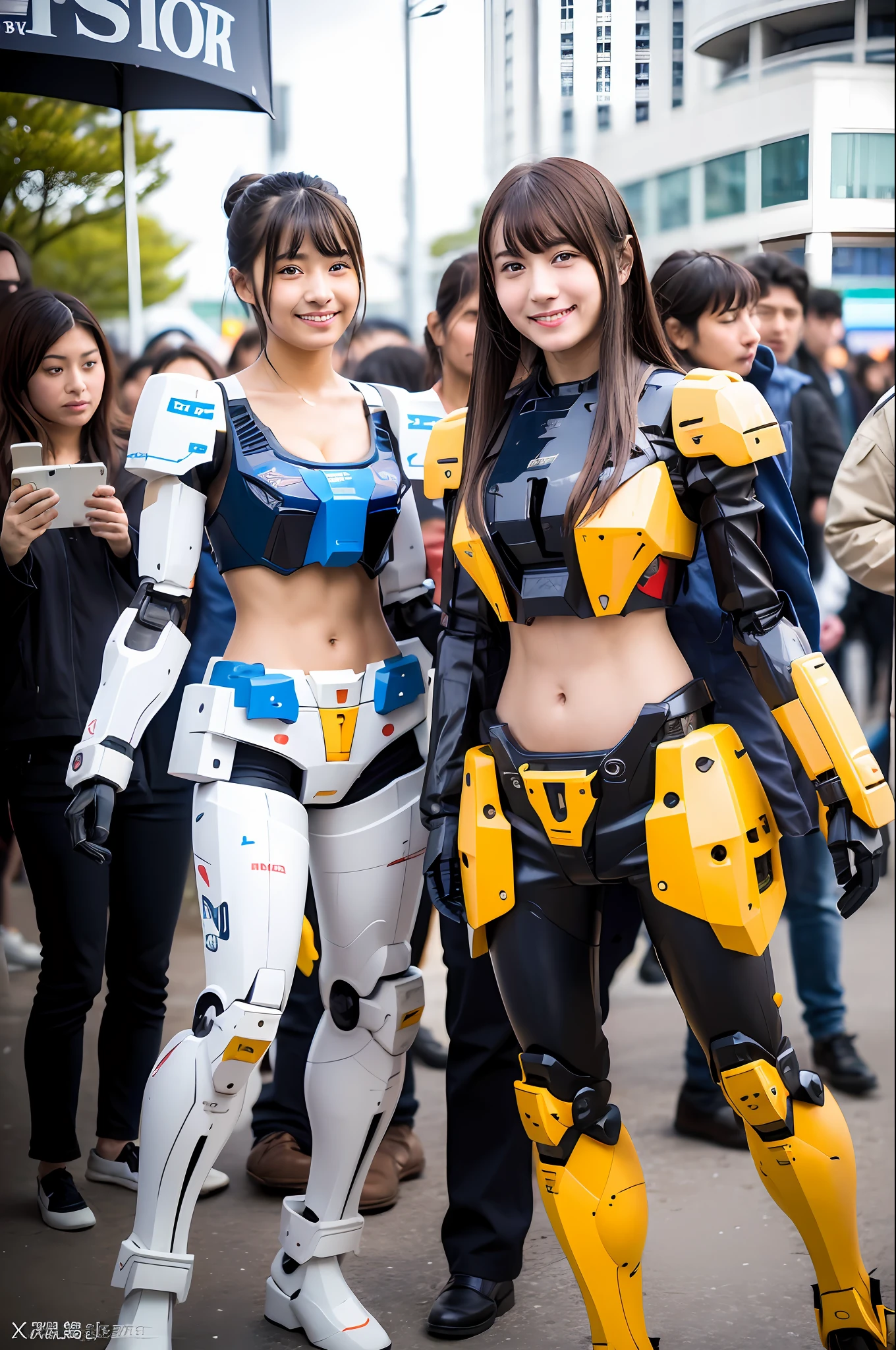 Top quality, masterpiece, ultra high resolution, (photorealistic: 1.4), raw photo, (one girl), (cute), (smile), (beautiful girl 14 years old), (looking at the camera), (crowded people outside Makuhari Messe, at the disaster prevention park cosplay venue), dark hair, glossy skin, wet body, dramatic lighting, full body,, (white, blue, red, yellow, Color Micro Bikini Mechanical Armor), (Small Shoulder Mecha Armor), (Arm Exposed), (Navel Exposed) (Cleavage Exposed), (Thigh Exposed), (Gundam-style Sexy Cosplay) Colossal, Full Body, Standing,