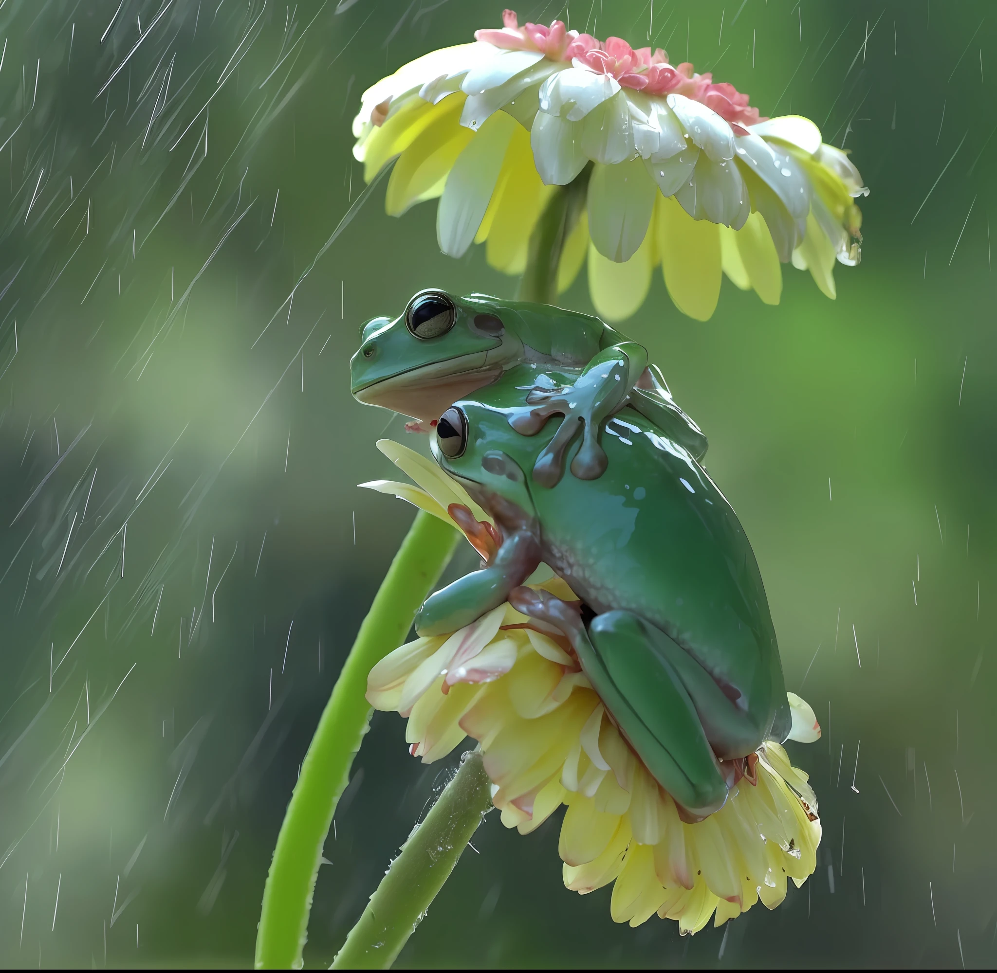 there is a frog sitting on a flower in the rain, flowers rain everywhere, under rain, raining award winning photo, in the rain, in a rainy environment, on a rainy day, raining!, wet from rain, national geographic photo”, just after rain, iralki nadar, rain!!!!, still from a nature documentary, by Yasushi Sugiyama