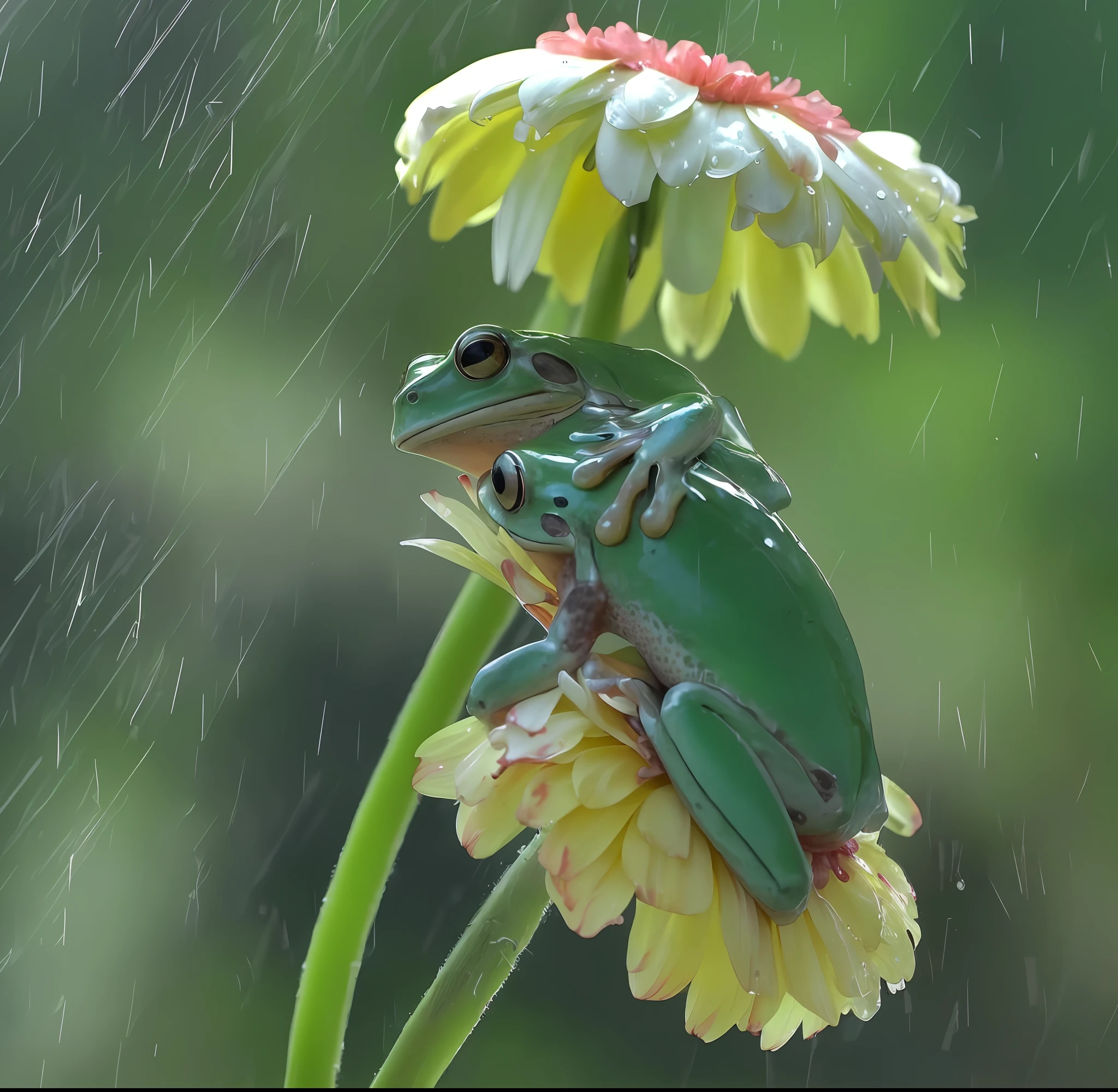 there is a frog sitting on a flower in the rain, flowers rain everywhere, under rain, raining award winning photo, in the rain, in a rainy environment, on a rainy day, raining!, wet from rain, national geographic photo”, just after rain, iralki nadar, rain!!!!, still from a nature documentary, by Yasushi Sugiyama