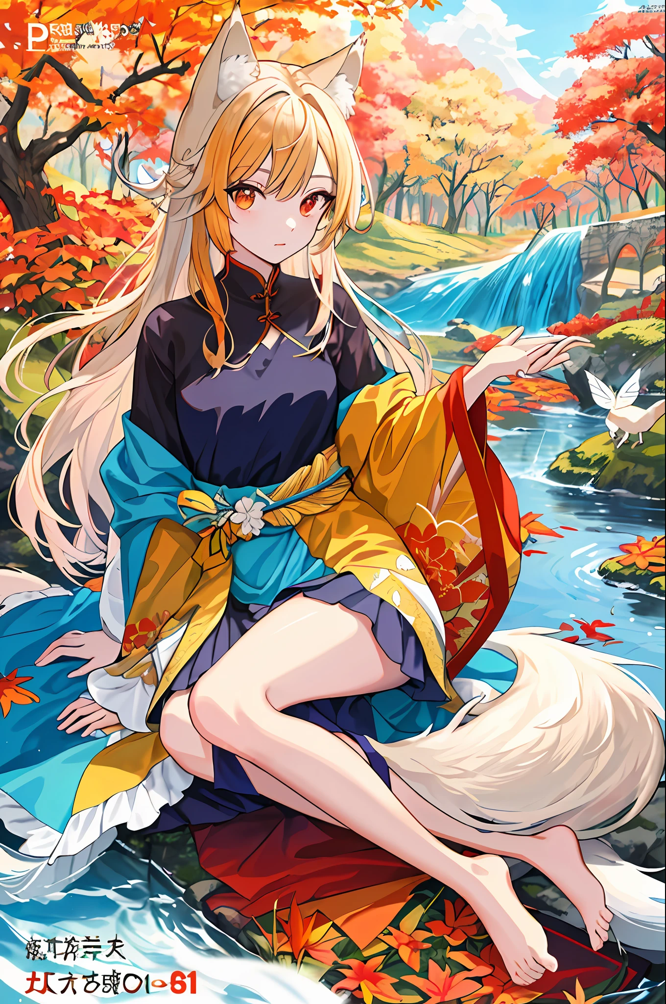 Englai Fairyland, Chinese mythology, colorful auspicious clouds, autumn, folhas_de_outono, folhas_quedas, folha_de_folha, leaf, fundo_de_folha, ornamento_de_cabelo, folha_de_bordo, aki_shizuha, impressão_de_folha, starfish, veia_de_fundo, folha_de_ginkgo, folha_na_cabeça, veia_de_fala, tree, waterfall, batata_doce, dragonfly, acorn, soil, braid, embaçado_foreground, 1girl, day, painting, depth_of_field, blurry, long hair, branch, hair_ornament, folhas_no_vento, forest, outdoor, nature, Bonfire, shirt, olhando_no_visualizador, Onsen, Koi, sitting, masterpiece, best quality, (best quality), ((masterpiece)), (highres), original, 8K wallpaper extremely detailed, (an extremely delicate and beautiful),((detailed face)), eyes with beautiful details,hair fluttering in the wind, messy hair, lens reflection, 1 girl, full body, (golden eye), (red eye), (wolf ear), (yellow hair), (wolf tail), (wolf ears), (a beautiful young woman: 1.1), (wolf ear), beautiful detailed eyes, orange hair, very long hair, small , (looking at the viewer), (magazine: 1.3), (cover style: 1.3), elegant, woman, vibrant, clothing, posing, front, colorful, dynamic, background, elements, confident, expression, holding, statement, accessory, majestic, curled, around, touch, scene, text, cover, daring, eye-catching, title, hionable, font, captivating, headline, bigger, impressive, modern, fashionable, focus, fashion, with dog and licks in and with horse with hard prick