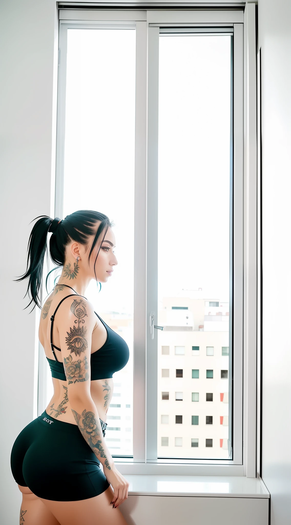 Woman of about 25 years, alone, with piercing and tattoos, 1.68m tall, weighing 75kg, white with black hair up to the shoulders, Russian style, hot with marked curves, large culotte, shorts and black tank top, looking out the window of the dark apartment, with natural sunlight, angle from bottom to top, Sony 35mm lens, Sony full frame camera,  hyperrealistic