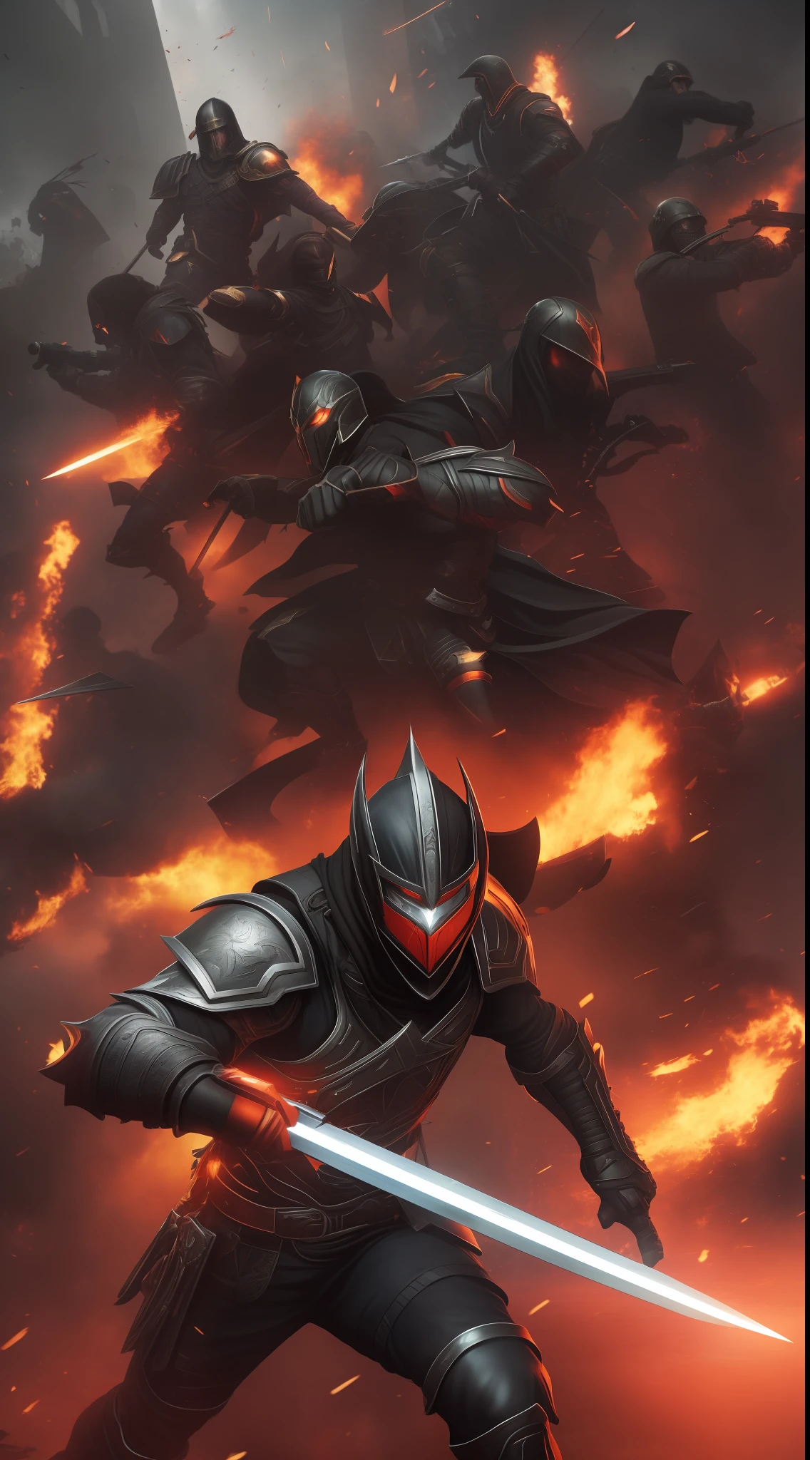 The illustration depicts the intensification of the battle in the streets of Umbra. In the center of the image stand out two brave and fearless characters: Max SteelHeart and Dark Blade. Both are wearing their imposing carbon armor, ready to lead the masses against William's soldiers.

Max SteelHeart is depicted in an action stance, displaying quick and precise movements while wielding his weapon. Its carbon armor glows with intensity, conveying a sense of invincibility and strength. Dark Blade, in turn, appears next to Max, emanating an aura of mystery and power. His dark blade cuts through the air with agility, symbolizing his deadly skill on the battlefield.

Around the protagonists, the crowd of protesters is in full action, demonstrating courage and determination. His expressions are one of determination and fervor, inspired by the fast and precise movements of Max SteelHeart and Dark Blade. The lighting emphasizes these characters, highlighting them as leaders who incite resistance and encourage the masses to become increasingly courageous.

The color palette is intense and vibrant, conveying the energy and hustle and bustle of battle. The shades of red and orange dominate, evoking a sense of action and conflict. The lighting focuses on the main characters, creating a contrast to the dark and chaotic background of the battle.

In the background can be seen William's soldiers facing resistance. The streets are on fire and the rubble shows the intensity of the conflict. These elements add an atmosphere of danger and urgency to the illustration.

The cover illustration of Chapter 3 captures the pivotal moment when Max SteelHeart and Dark Blade lead the masses into battle against William's soldiers. It conveys the inspiration and courage they instill in the protesters, as well as the intensity and chaos of the struggle in the streets of Umbra.