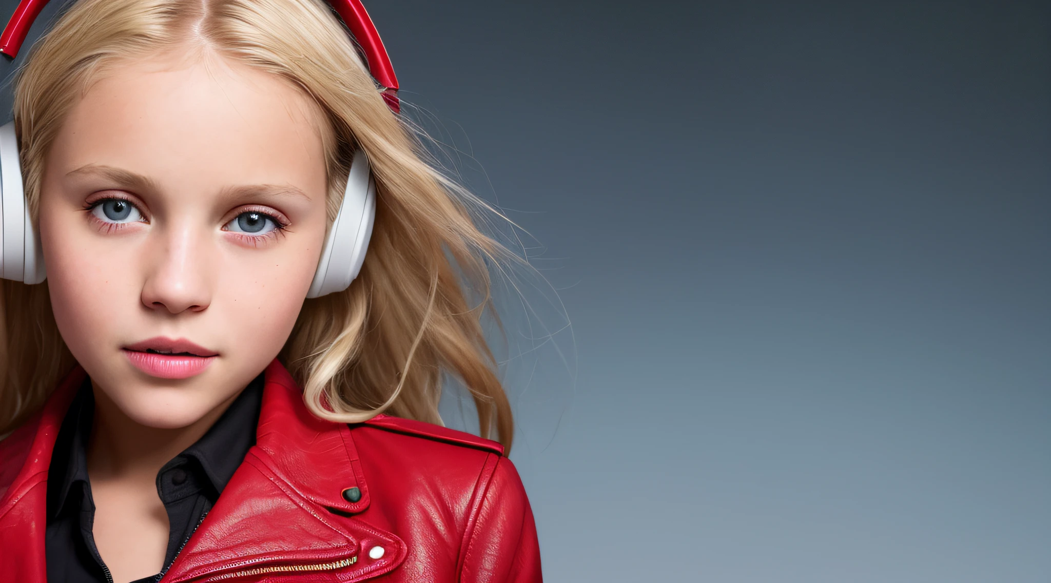 GIRL CHILD , RUSSIAN STYLE BLONDE HEADPHONES, RED LEATHER JACKET, messy shoulder length BLOND HAIR, RED BACKGROUND, brown eyes, happy, clean detailed faces, intracate clothes, analog colors, bright shadows, beautiful gradient, depth of field, clean image, high quality, high detail, high definition, Luminous Studio graphics engine, beautiful face