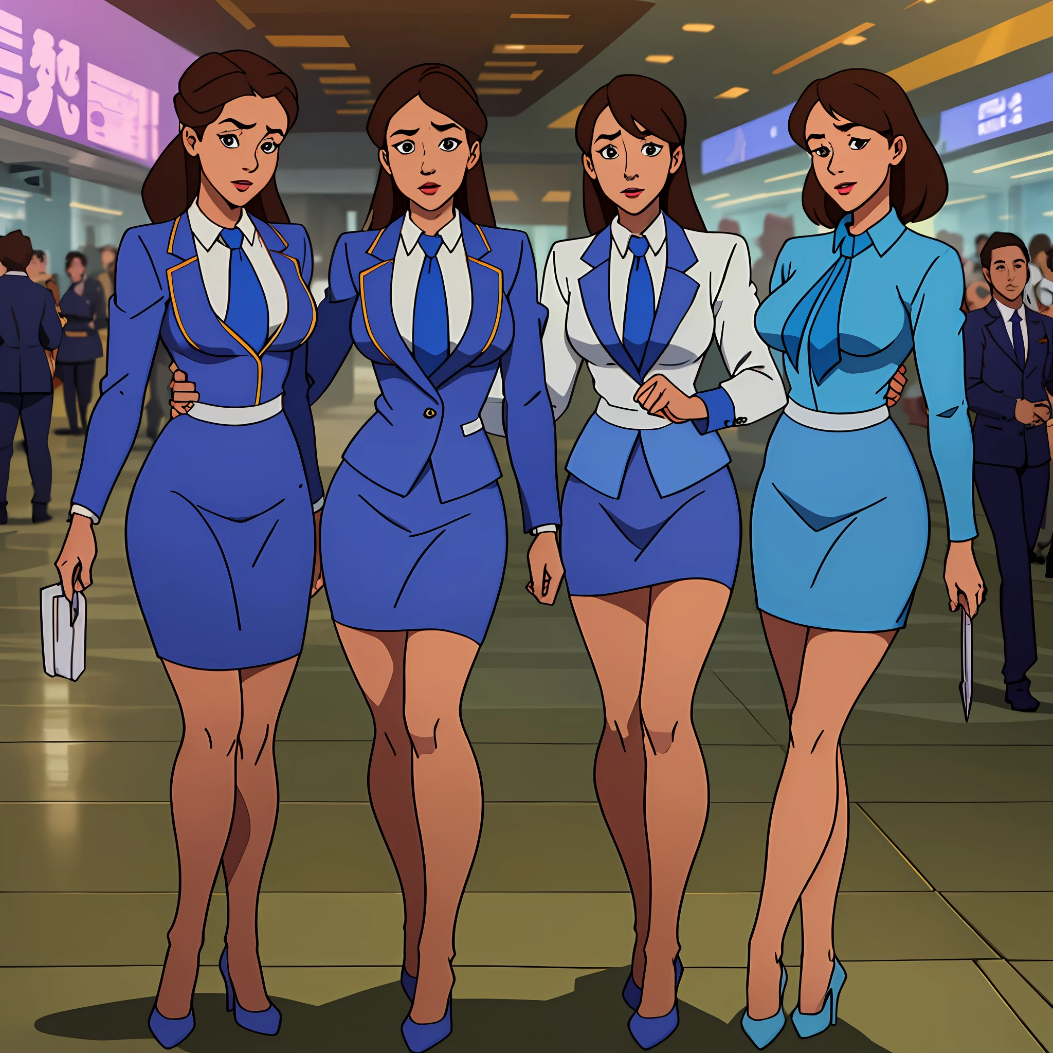 {{Mature female, caucasian}}, looking at viewer, hazel eyes, extremely detailed, medium breasts, brown hair, airport, flight attendant, uniform, blue blazer, blue necktie, blue skirt, medium skirt, pencil skirt, blue high heels, happy, best quality, high quality, extremely detailed anime screencap, {{{{crowded, multiple girls, thousands of sisters, millions of sisters,billions of sisters, clone, doppelganger, matching outfit, matching hairstyle}}}}, full body