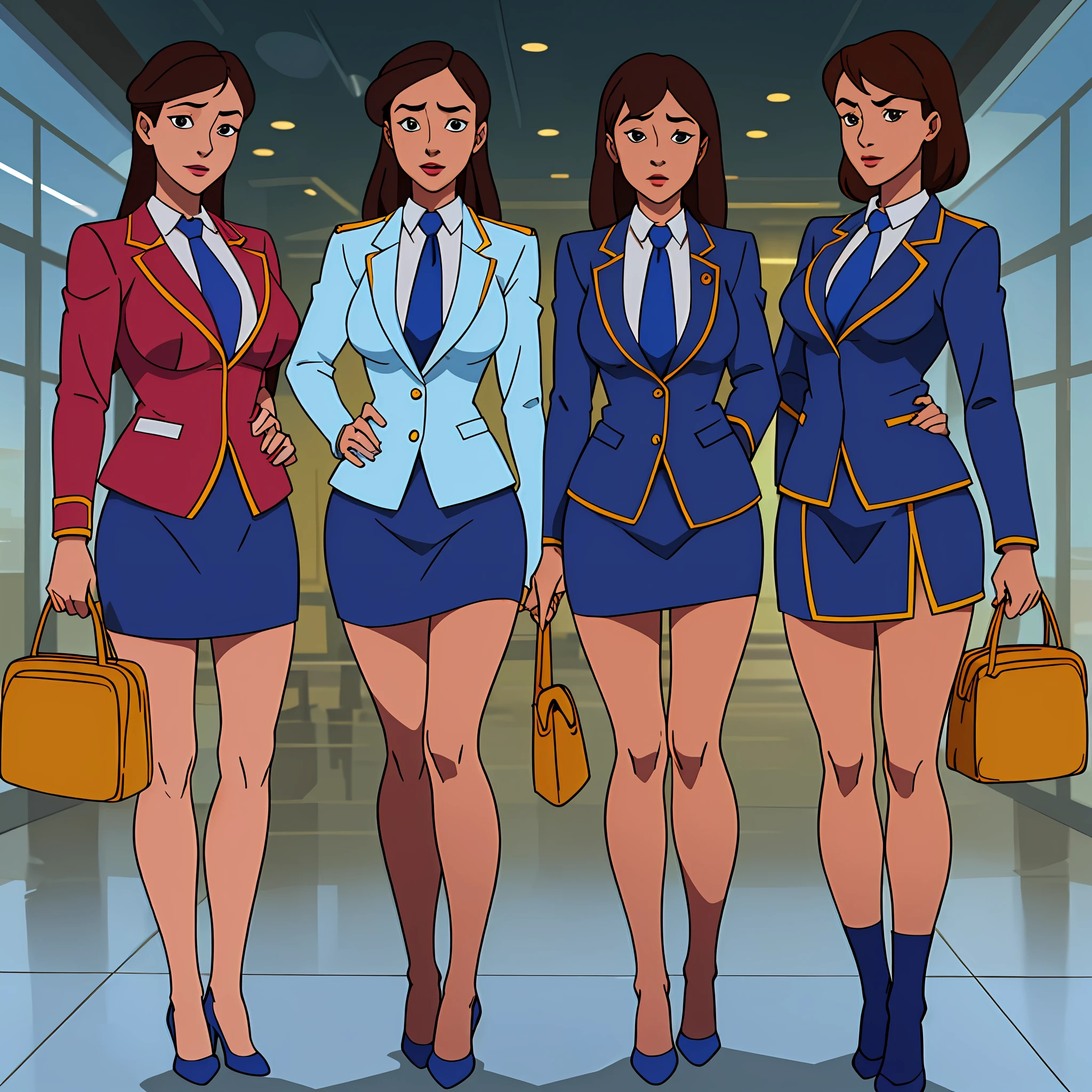 {{Mature female, caucasian}}, looking at viewer, hazel eyes, extremely detailed, medium breasts, brown hair, airport, flight attendant, uniform, blue blazer, blue necktie, blue skirt, medium skirt, pencil skirt, blue high heels, happy, best quality, high quality, extremely detailed anime screencap, {{{{crowded, multiple girls, thousands of sisters, millions of sisters,billions of sisters, clone, doppelganger, matching outfit, matching hairstyle}}}}, full body