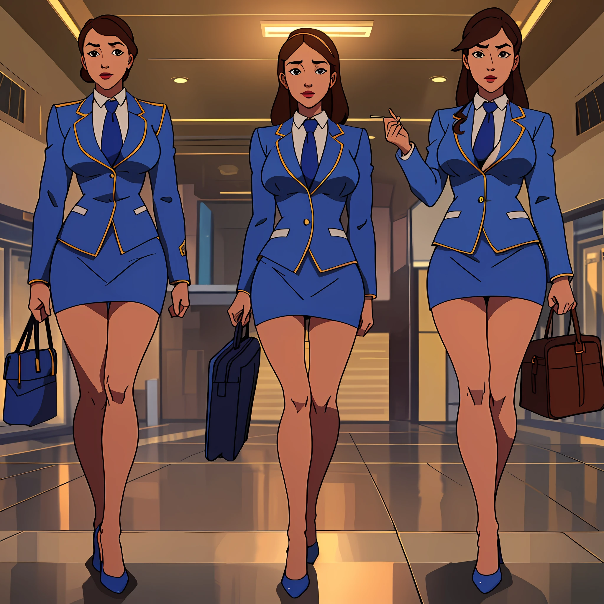 {{Mature female, caucasian}}, looking at viewer, hazel eyes, extremely detailed, medium breasts, brown hair, airport, flight attendant, uniform, blue blazer, blue necktie, blue skirt, medium skirt, pencil skirt, blue high heels, happy, best quality, high quality, extremely detailed anime screencap, {{{{crowded, multiple girls, thousands of sisters, millions of sisters,billions of sisters, clone, doppelganger, matching outfit, matching hairstyle}}}}, full body