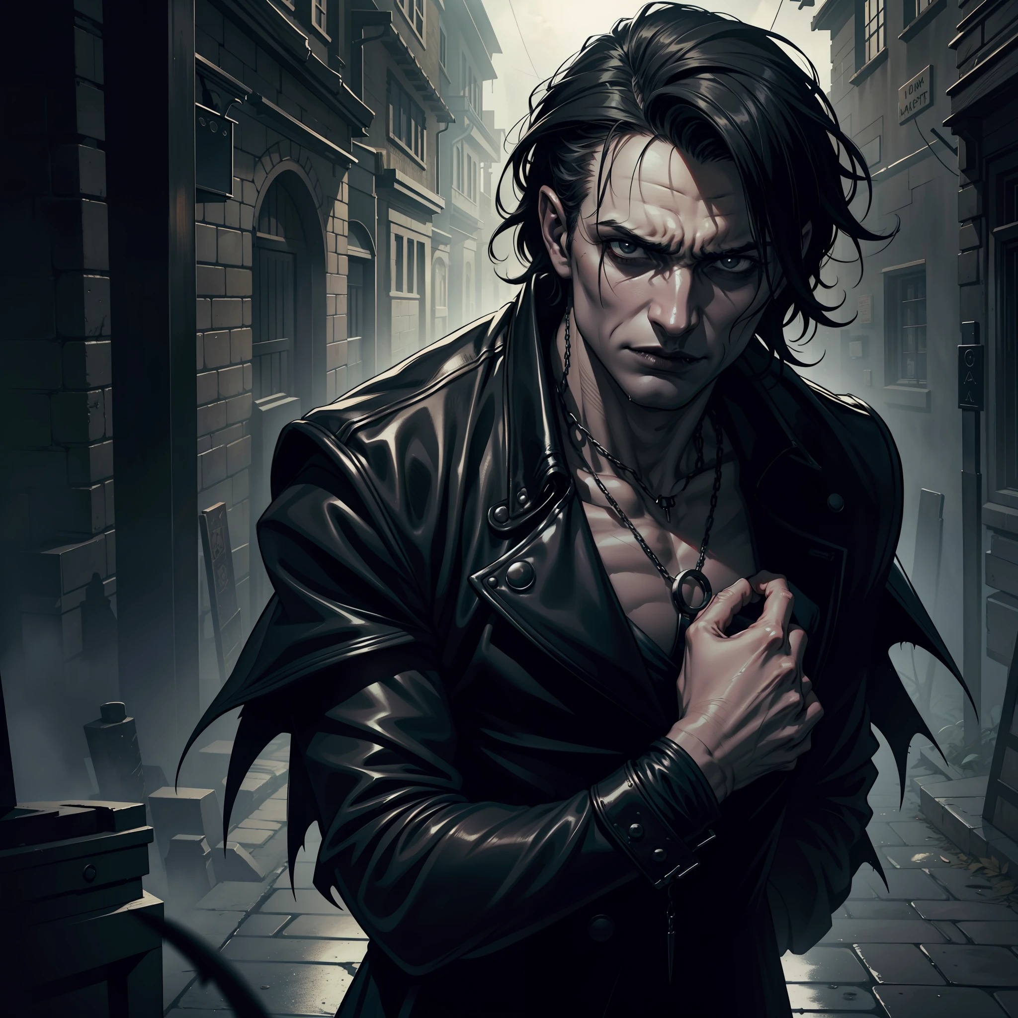 (extremely detailed 8k wallpaper), dark theme, Vampire the Masquerade, modern horror, 2020s, man, wearing black medieval clothes, sharp focus, (subsurface scattering:1.1), award-winning photography, centered face, Christopher Lambert's face, ((a Malkavian vampire)), half-body shot:1.1, wet short black hair, black eyes, indifferent expression, in front of the docks, dramatic lighting