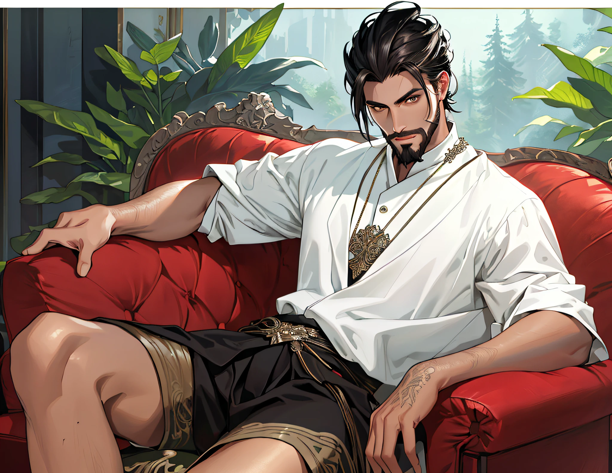 (masterpiece), best quality, ultra detailed digital art, looking like realistic photography, (1 boy), white skin tone, black hair, thin and elegant, dark brown eyes, charming expression. Add beard, spiky hair!
