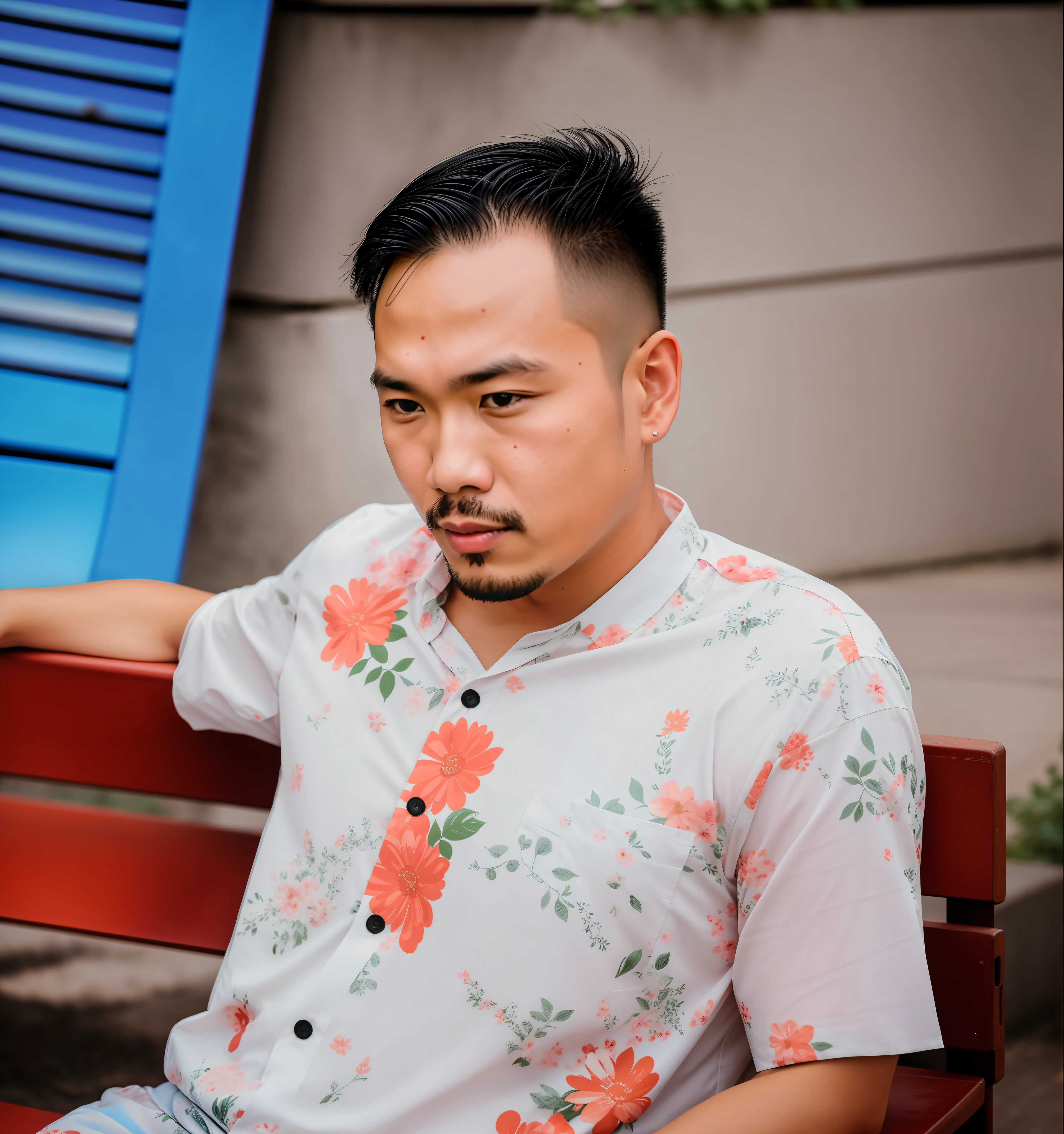 there is a man sitting on a bench with a flower shirt on, sad man, shot on nikon z9, duy beni serial, portrait shot 8 k, photo of a man, a photo of a man, shot on sony a 7 iii, a very sad man, bao phan, bao pham, shot on canon eos r5