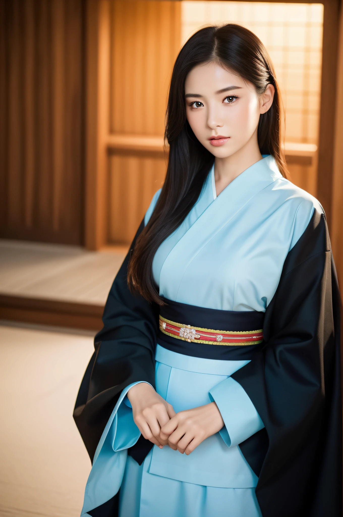 ((Top Quality, 8K, Masterpiece: 1.3)), Sharp Focus: 1.2, (Super Beautiful Face: 1.0), (Glossy Skin: 1.0), Realistic Photos, Black Hair, Realistic Pupils, Movie Lighting, Highly Detailed Eyes and Face, Movie Lighting, (Cowboy Shot: 1.0), (kimono, hakama, obi: 1.15), medium breasts