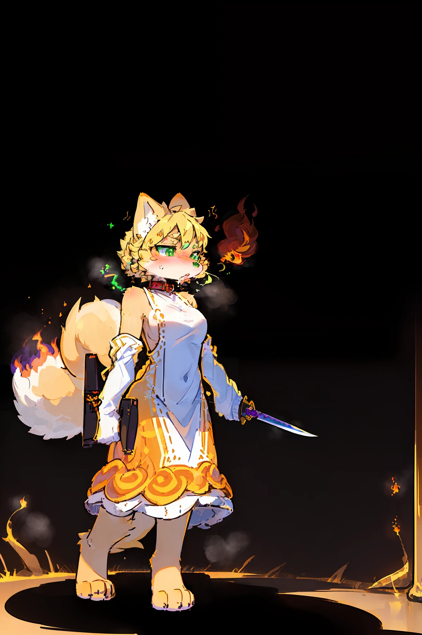solo focus, ((masterpiece)),(((best quality))), 1 girl, shoulder length blonde hair, dog anthro, furry, petite, oppai loli, detailed fur, body fur, ((golden fur, curled tail, large fluffy tail, fiery tail, (simple white sweater dress, bright green eyes, bare shoulders,))) snout, dog furry, fursona, paws, (digitigrade, large cast iron collar, solo focus, girl focus, (((inky black tendrils, shadow aura, shadow magic))), yellow orange red tail, angry, dog anthro dog girl raped , (((( automatically correct, heavy shadows, deep shadows, fire breath, holding knife,