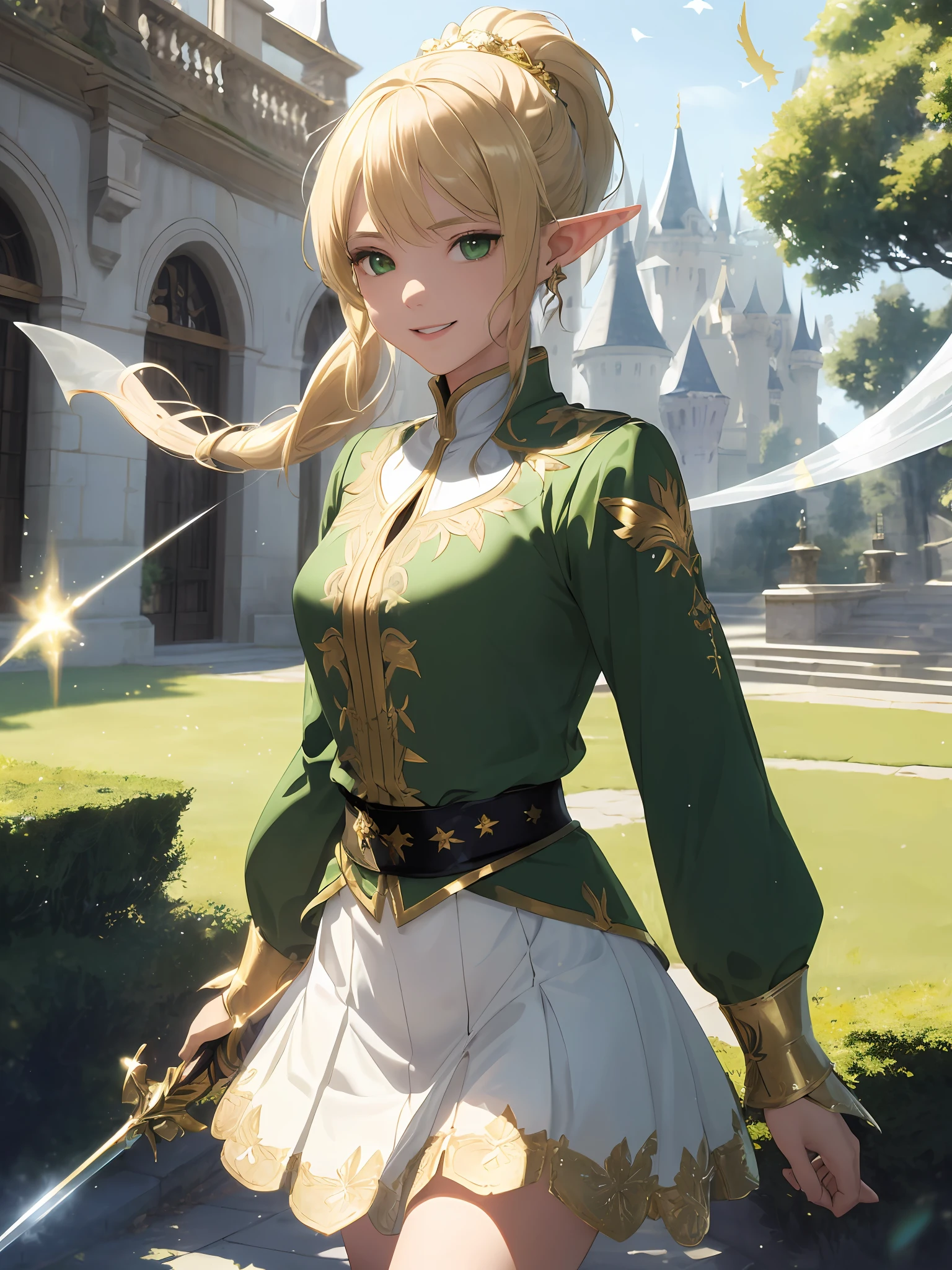 (((Masterpiece, highest quality, high definition, high detail)))), ((((Fantasy)))), One, (Elf Queen))), (White short skirt with gold embroidery), (Blonde long ponytail hair), (Glossy dark green eyes), (Green surcoat embroidered with gold), Big, (Training center in the courtyard of the castle)), Destruction, (Training in swordsmanship), Destruction, ((Rapier)), tilting the head, Smile, (breeze), light particles flying
