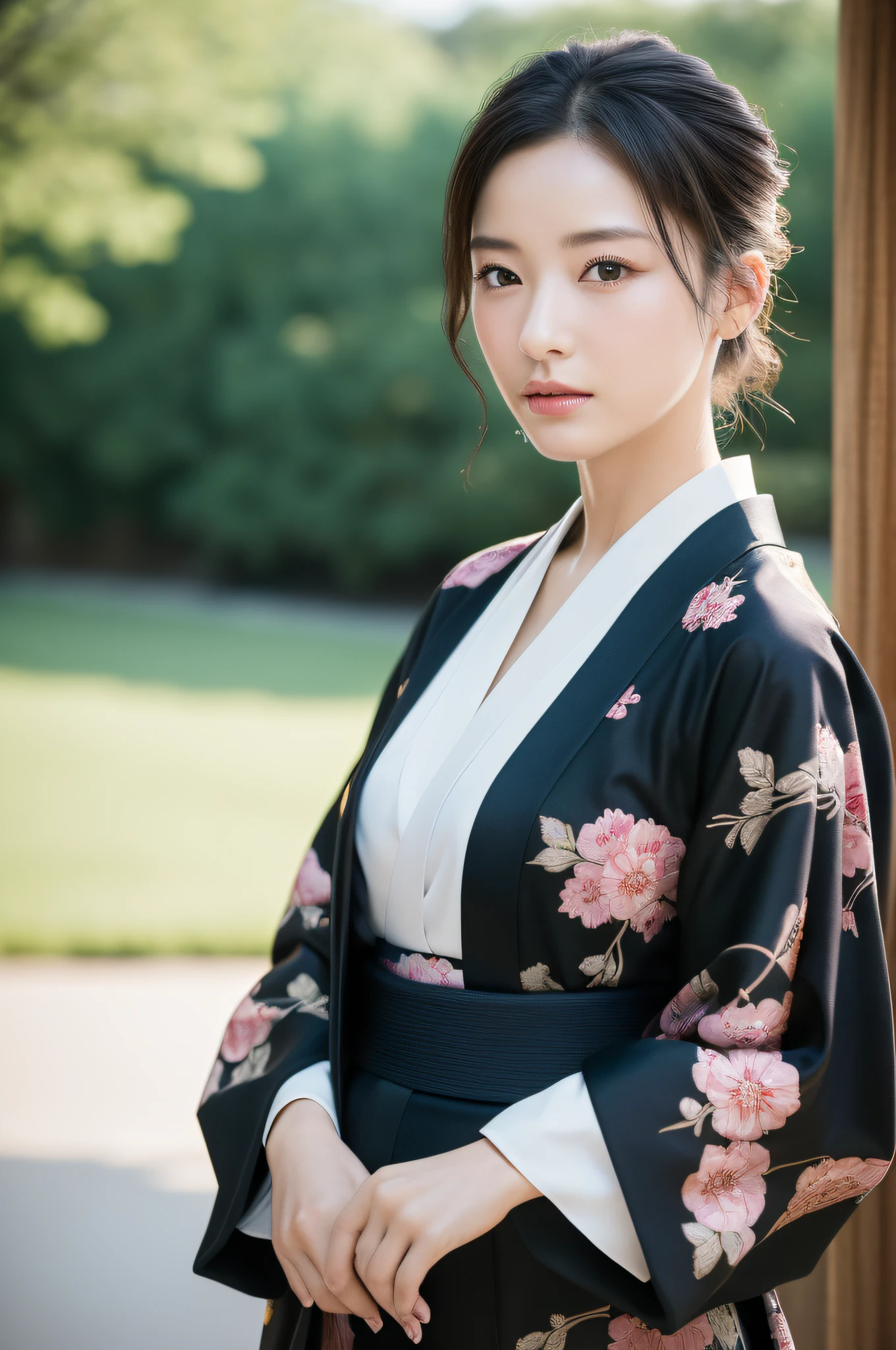 ((Top Quality, 8K, Masterpiece: 1.3)), Sharp Focus: 1.2, (Super Beautiful Face: 1.0), (Glossy Skin: 1.0), Realistic Photos, Black Hair, Realistic Pupils, Movie Lighting, Highly Detailed Eyes and Face, Movie Lighting, (Cowboy Shot: 1.0), (kimono, hakama, obi: 1.2), medium breasts