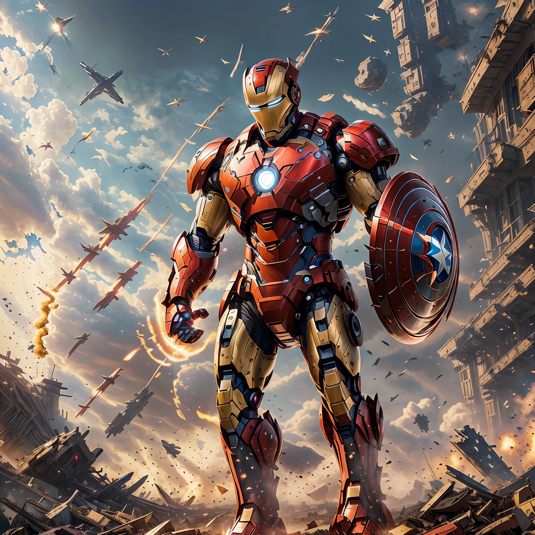 (Ultra realistic, 4K, masterpiece), Iron Man holding Captain America's Shield, most incredible lighting effect, vibrant colors, background with destruction and chaos on a grand scale, a chest of quality details, intense and heroic atmosphere, giving the feeling of an epic moment. --auto --s2