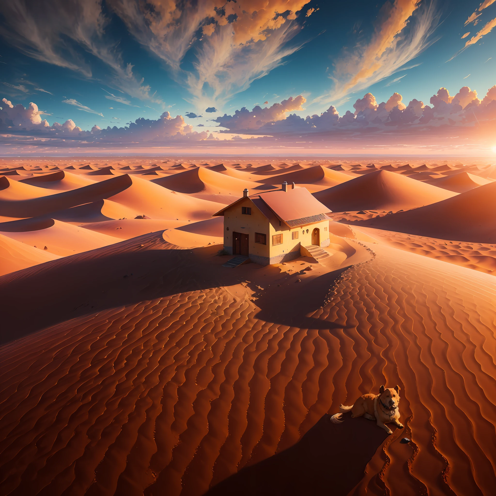 An absolutely mesmerizing sunset over the desert, with a mixture of oranges, pinks and yellows filling the sky. The sand dunes run along the horizon,a small house in the middle of the desertconcept, (best quality, masterpeace), (perfect composition), the golden ratio,
Desert Dunes: An incredible panorama of the undulating dunes of a desert landscape, with a deep blue sky above and the sun casting dramatic shadows across the landscape,
, hdr , cinematic, trend in artstation, trend in CGSociety, immense details,dog sitting in front of the house,, --auto --s2