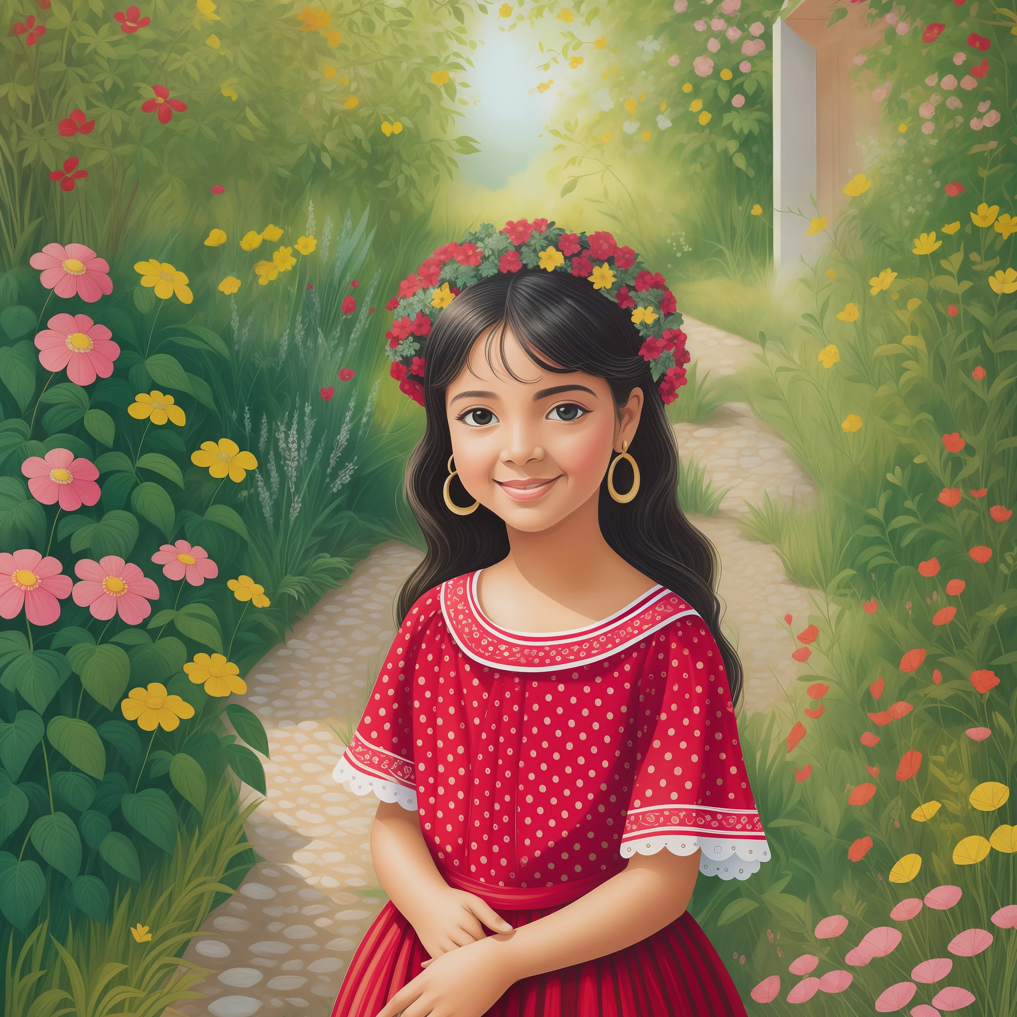 Imagine a lovely garden filled with colorful flowers and lush foliage. In this scenario, Erê Joaninha, a small and lovely spiritual entity of Afro-Brazilian culture, comes to life. She is depicted as a child wearing red costumes with black polka dots, resembling a ladybug.
In the painting, highlight the Erê Joaninha in the foreground, exuding joy and vivacity. She is surrounded by flowers and plants, which seem to vibrate with life in her presence. Erê Joaninha has delicate wings on her back, ready to take her on a playful flight through the garden.
Around Erê Joaninha, represent elements that highlight your connection with nature. Colorful butterflies can float around you, like playful friends. The sun shines softly, creating a magical and welcoming atmosphere. You can also include other creatures from nature, such as bees and dragonflies, who join Erê Joaninha on her journey through the garden.
On Erê Joaninha's face, capture an expression of joy and innocence. Her eyes sparkle with curiosity and wonder, conveying her deep connection to the beauty and magic of nature. Subtle details on your cheeks can evoke the characteristic sheen of ladybugs.
Use a vibrant and cheerful color palette to convey the vibrant energy of Erê Joaninha and the garden around you. Shades of red, black, green and yellow can predominate, creating a festive and lively atmosphere. Use soft and light brushstrokes to bring the scene to life, highlighting the lightness and playfulness of Erê Joaninha.